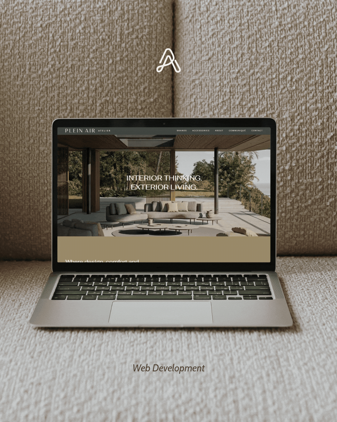 Animated website mockup showcasing the Plein Air Atelier homepage, designed by The Art of You with refined branding and interior design imagery.