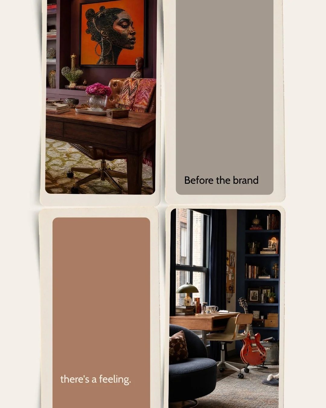 Interior design moodboard featuring the quote “Before the brand, there’s a feeling,” alongside curated colors and design inspiration.