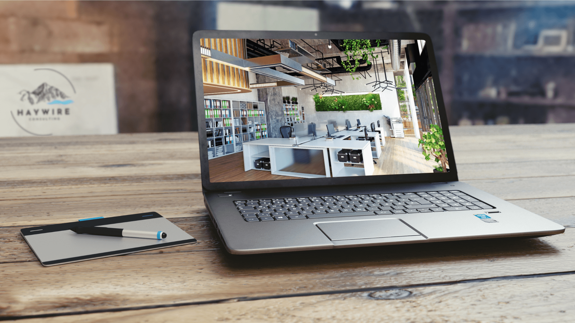 Image of Computer Loaded with a picture of an office setting