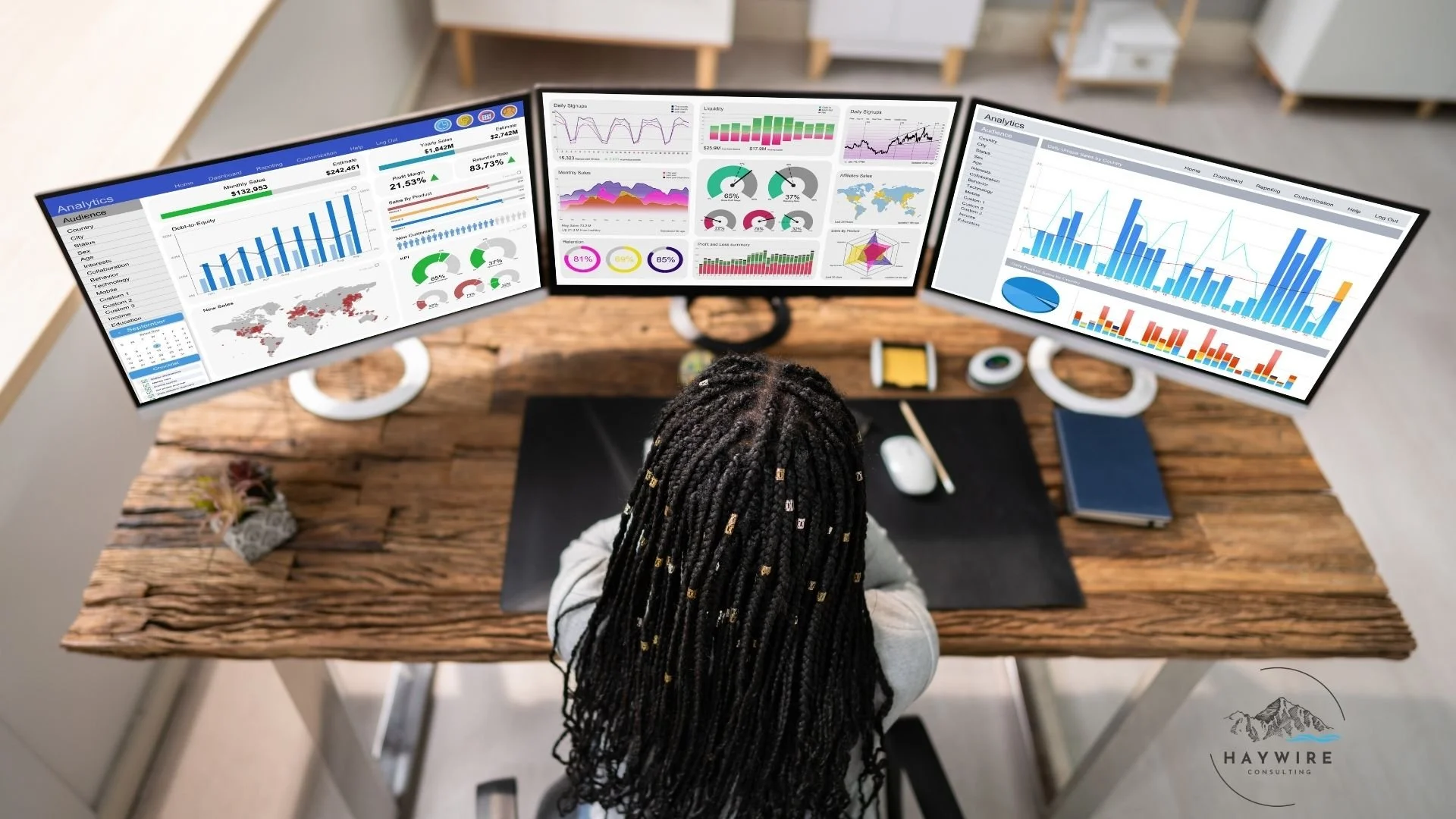 Overhead view of a small business owner thinking about Haywire Consulting. She is working at a desk with a multi-monitor setup displaying digital marketing data and analytics charts.