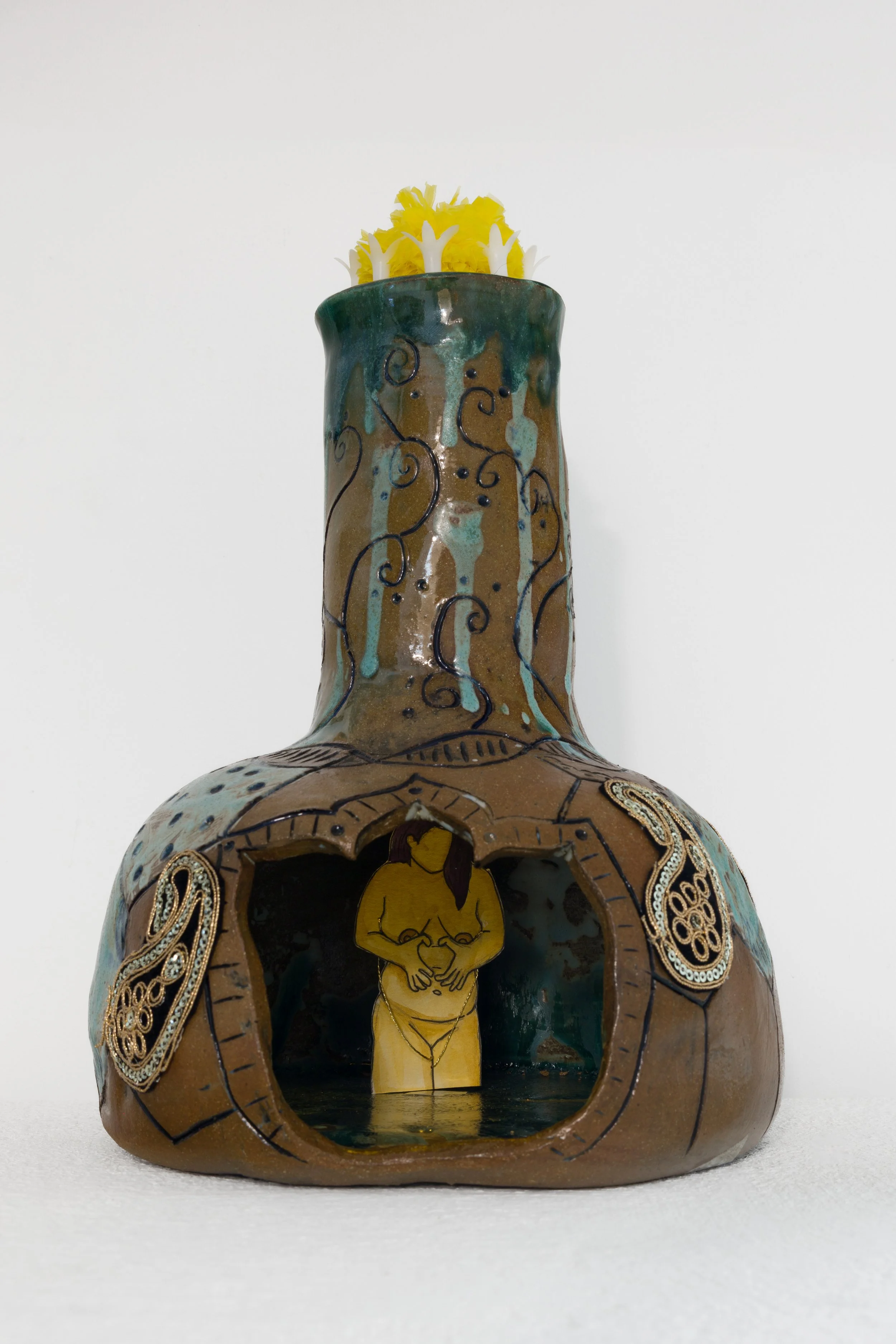 She is Not Ashamed
Mixed media (ceramic, watercolor, textile, and found objects)
13” x 9”
2025