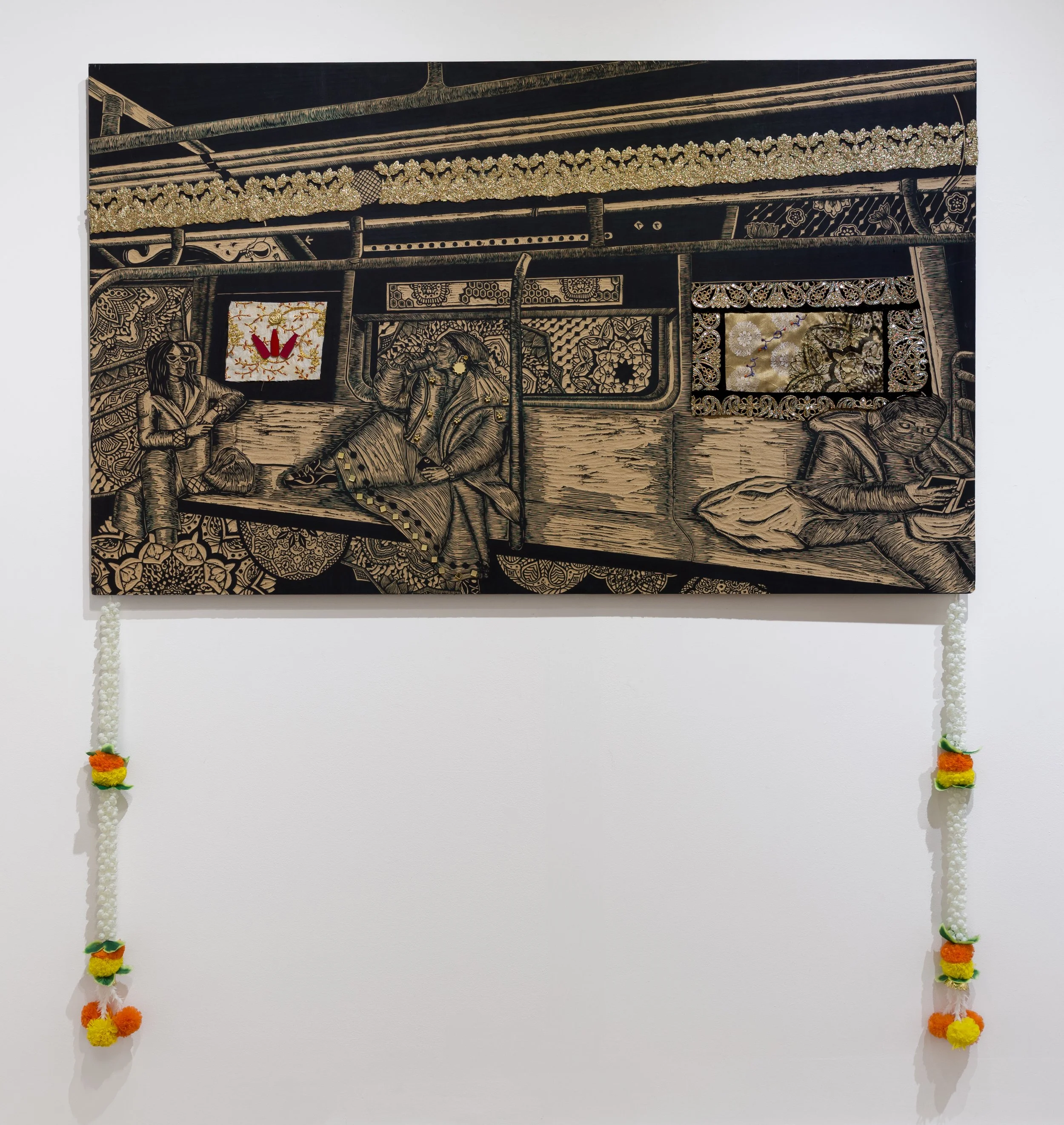 For the Culture
Wood carving and textile
36” x 60”
2024