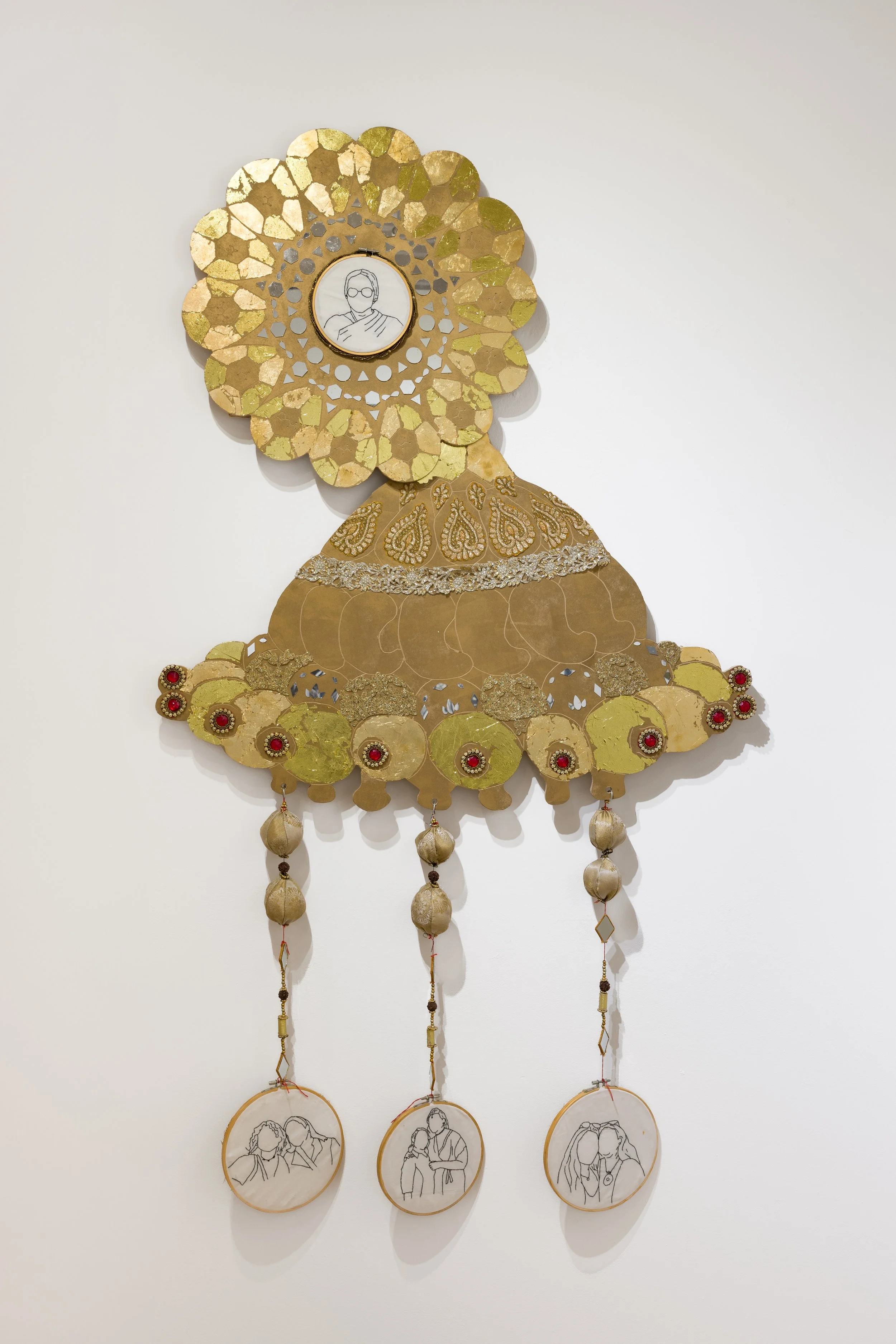 അവകാശങ്ങൾ (Avakaashangal)- Heirlooms, Mixed media on wood-textiles, mirrors, and embroidery, 36” x 76”, 2025