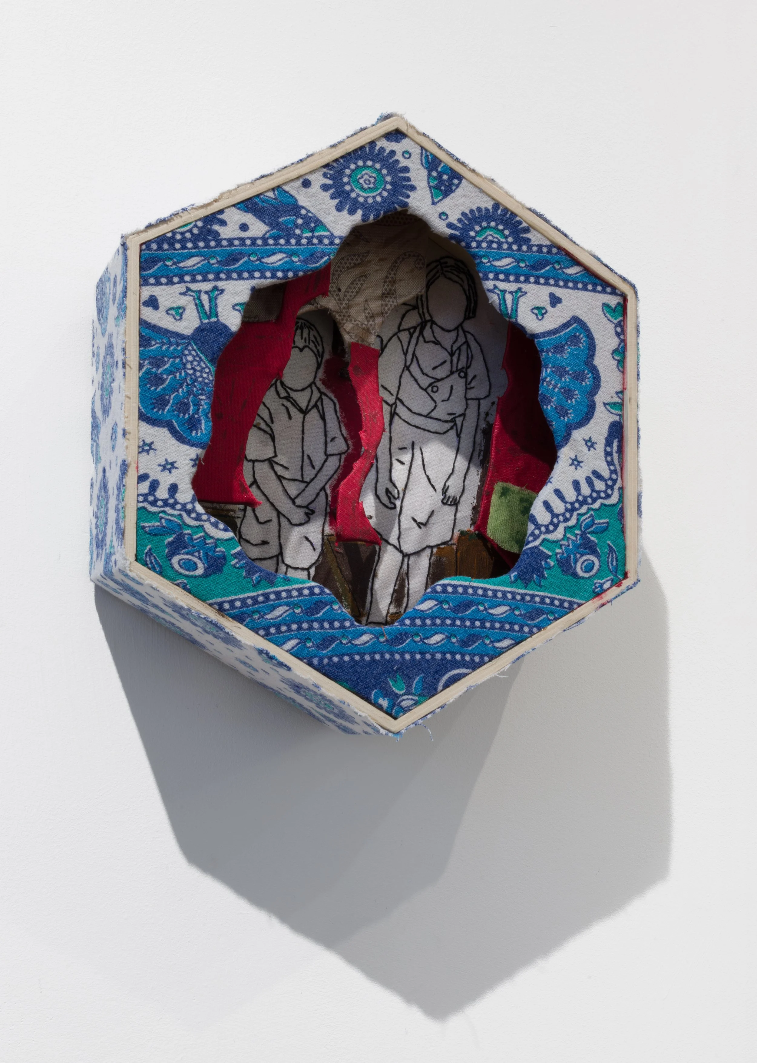 ഓർമ്മകൾ (Ormakkal) (Translation of Memories) (detail shot)
3 of 4 hexagons, mixed media (sari, yarn and found objects)
2025