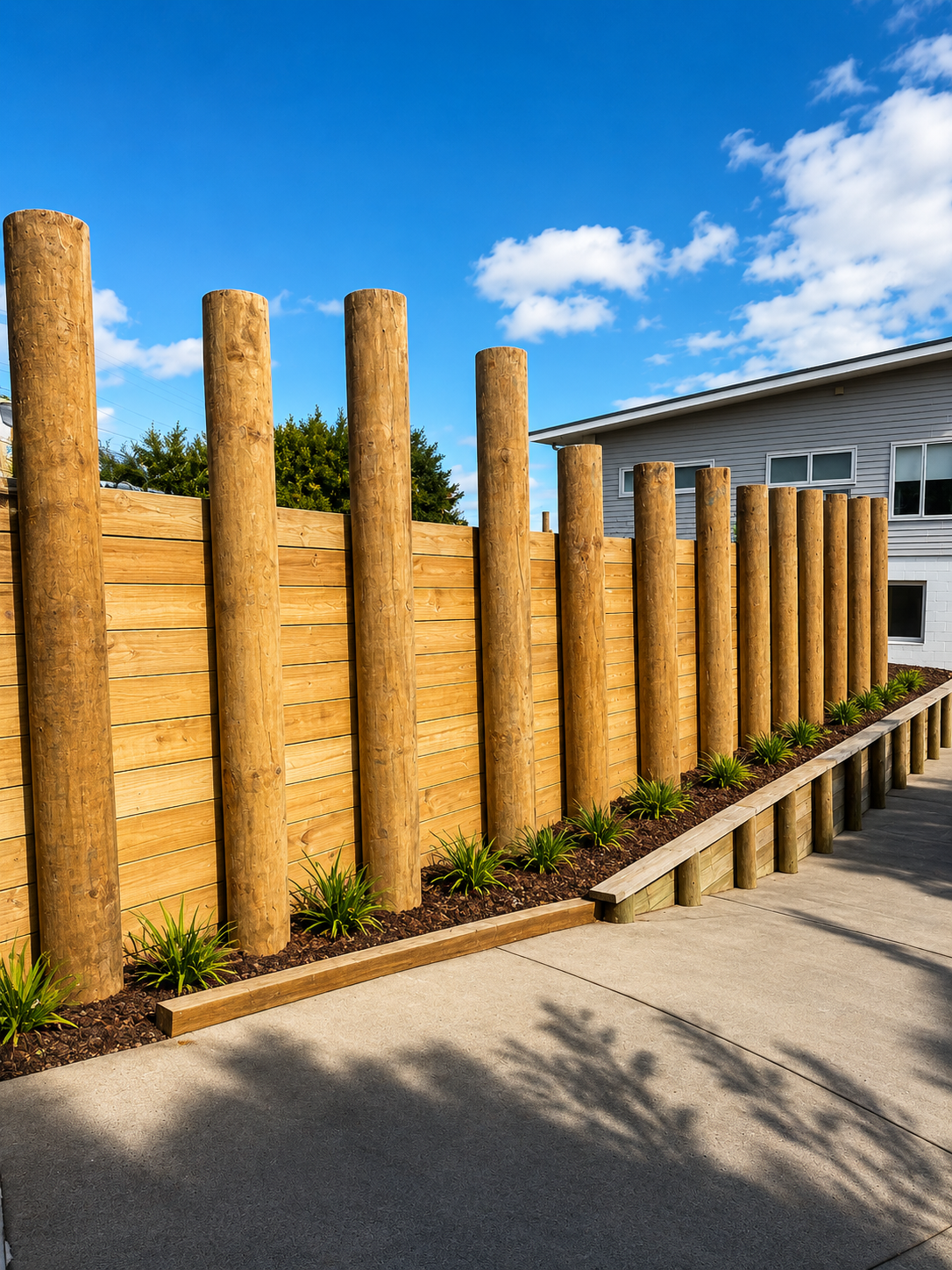 North Shore retaining wall project by Parris Builds, featuring structural timber pole retaining, integrated planting and a beautifully finished landscape design.
