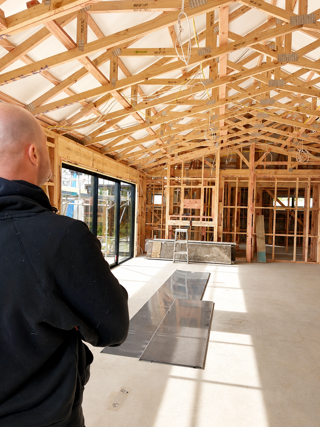 Timber framing and raked ceiling construction underway in the Riverhead new build by Parris Builds, showcasing the craftsmanship behind the home's architectural design.