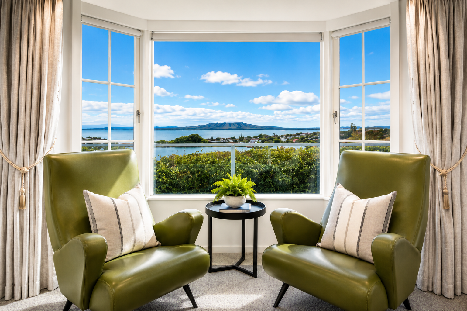 Coastal reading nook in the Castor Bay renovation by Parris Builds, featuring panoramic harbour views and a light-filled interior.