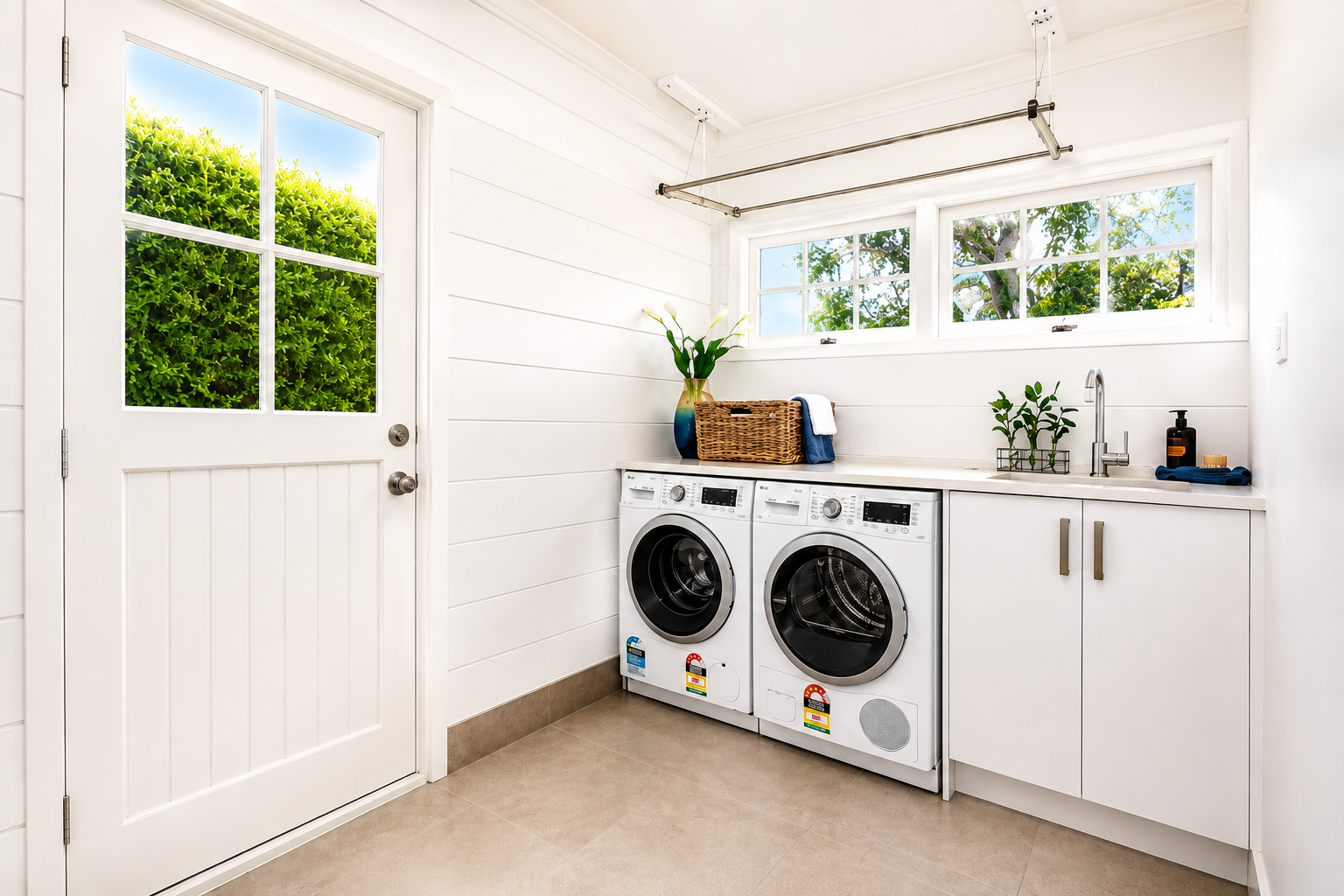 Bright and functional laundry renovation in the Castor Bay home by Parris Builds, featuring custom cabinetry and thoughtful storage solutions.