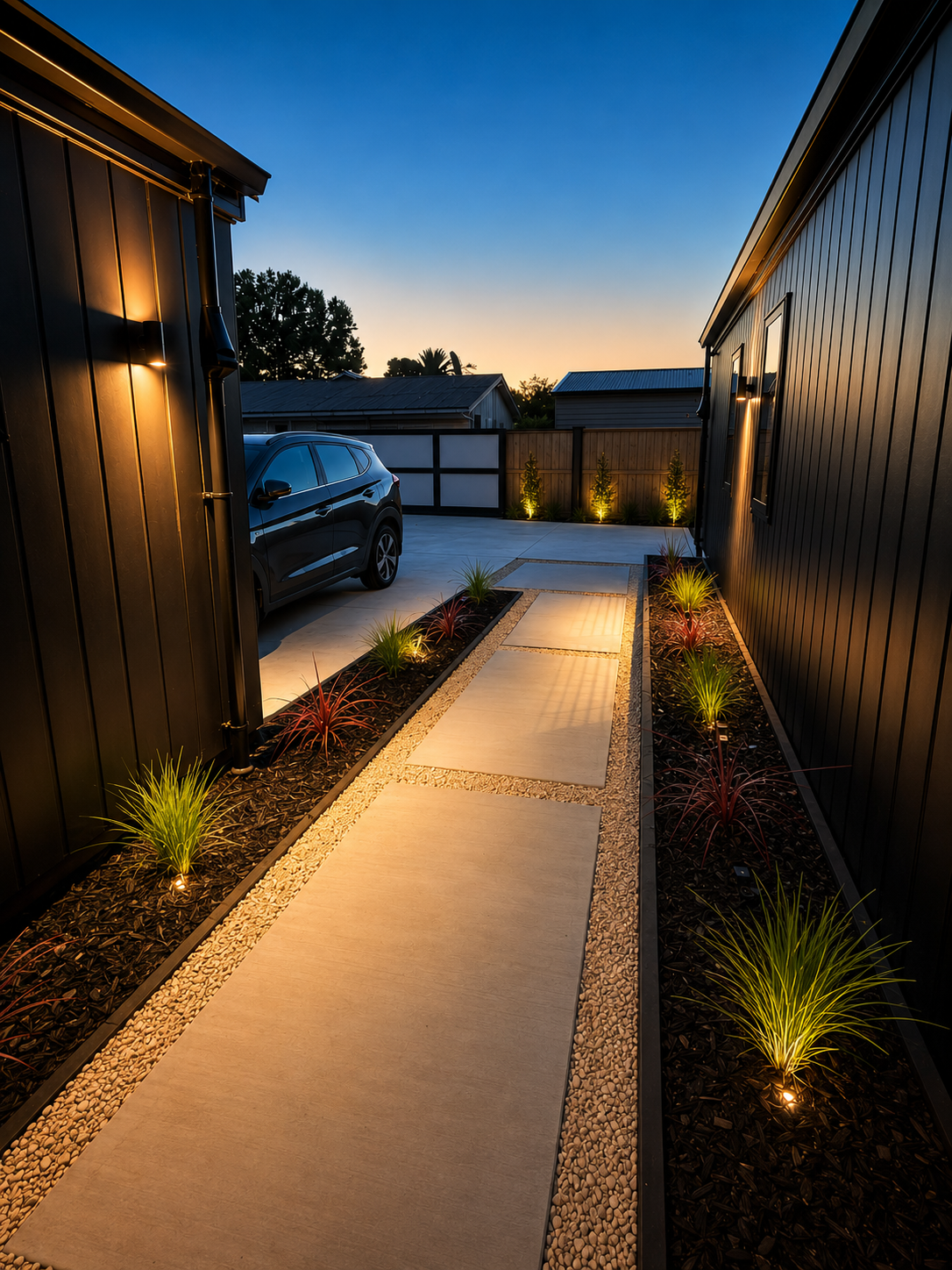 Landscaped front entrance in the Riverhead new build by Parris Builds, featuring architectural lighting, concrete stepping stones and modern planting.