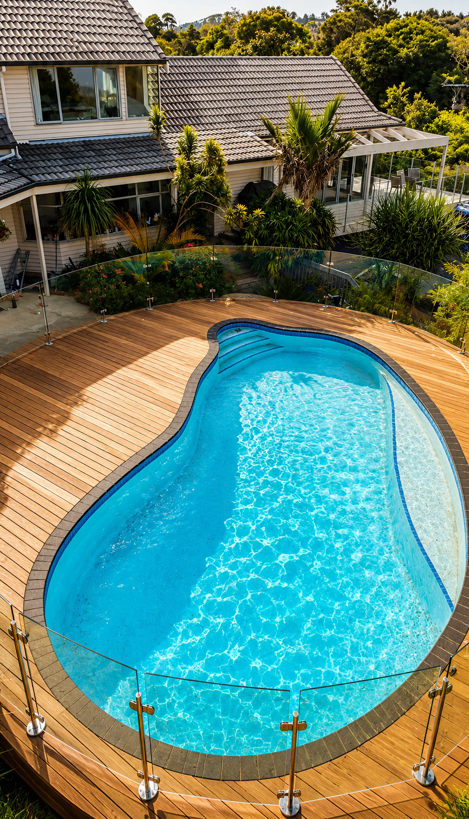 Greenhithe decking project by Parris Builds featuring poolside timber decking, curved detailing and frameless glass balustrades.