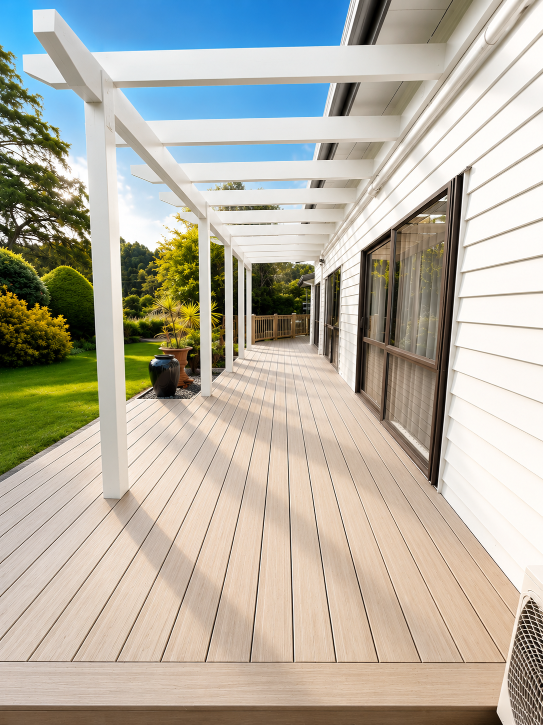 Covered PVC decking project in Coatesville completed by Parris Builds, designed to extend outdoor living and connect seamlessly with the landscaped garden.