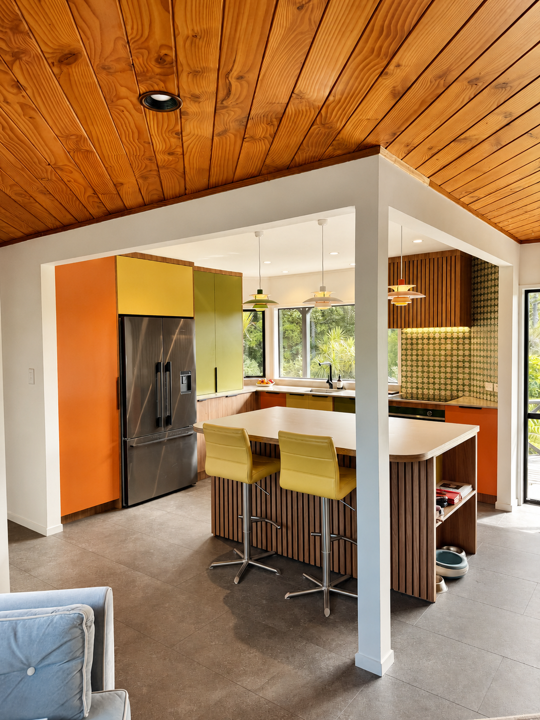 Lucas Heights kitchen renovation by Parris Builds featuring custom coloured cabinetry, timber accents and a functional island bench.