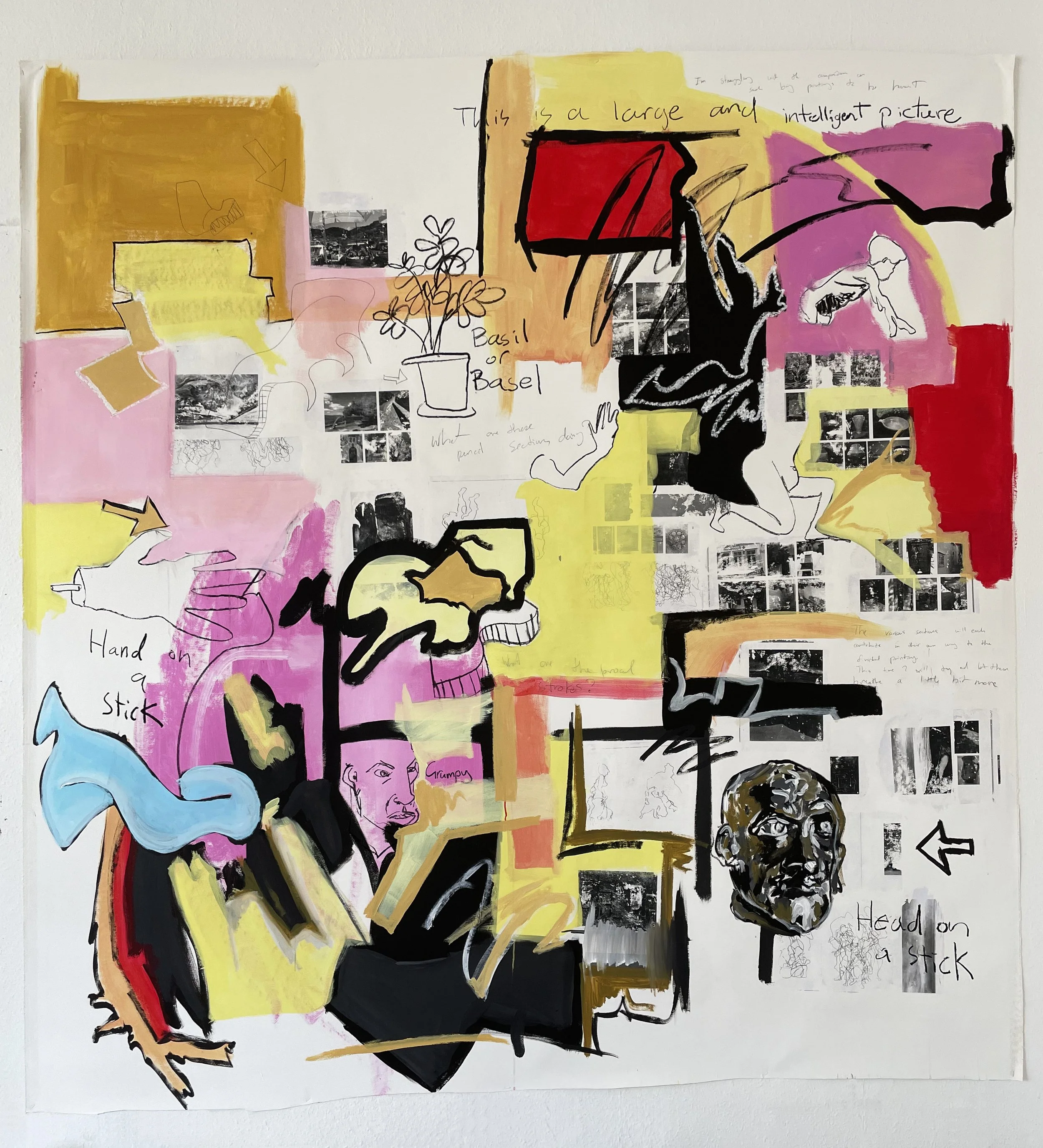 Basil Or Basel, 2025, Acrylic, pencil, charcoal, oilstick and photocopy transfer on unstretched canvas, 233 x 220 cm