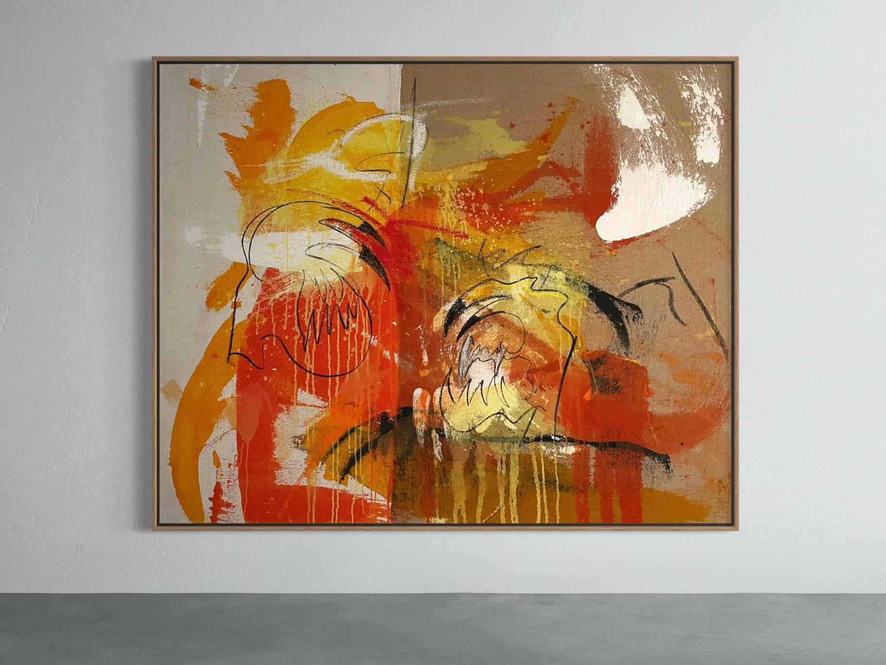Two Opinionated Crabs, 2025, Acrylic, charcoal and oilstick on hessian, 130 x 160 cm