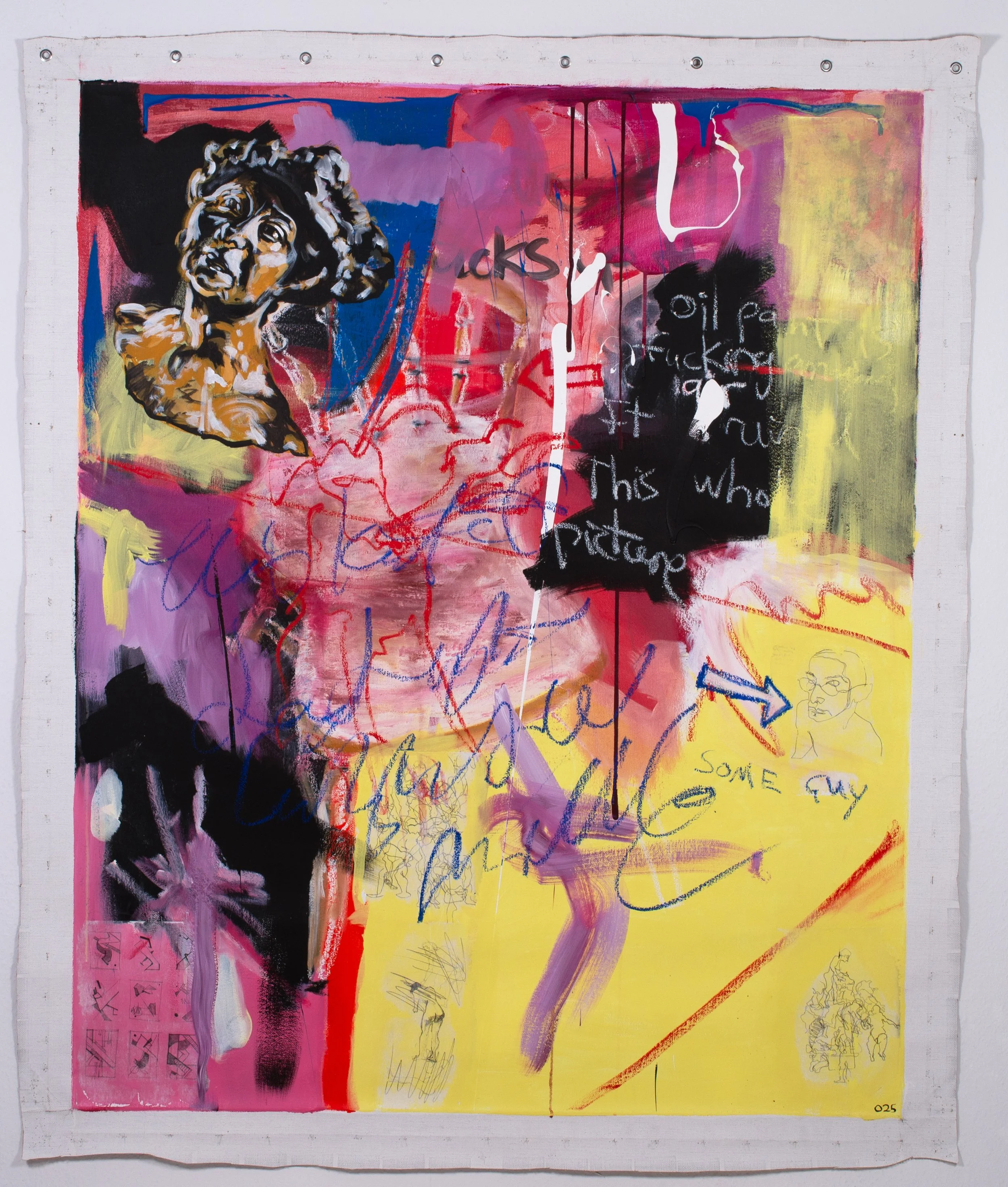 Hate Oil Sometimes
2025
Oil, acrylic, oilstick and photocopy transfer on unstretched hessian, 176 x 146.5 cm
