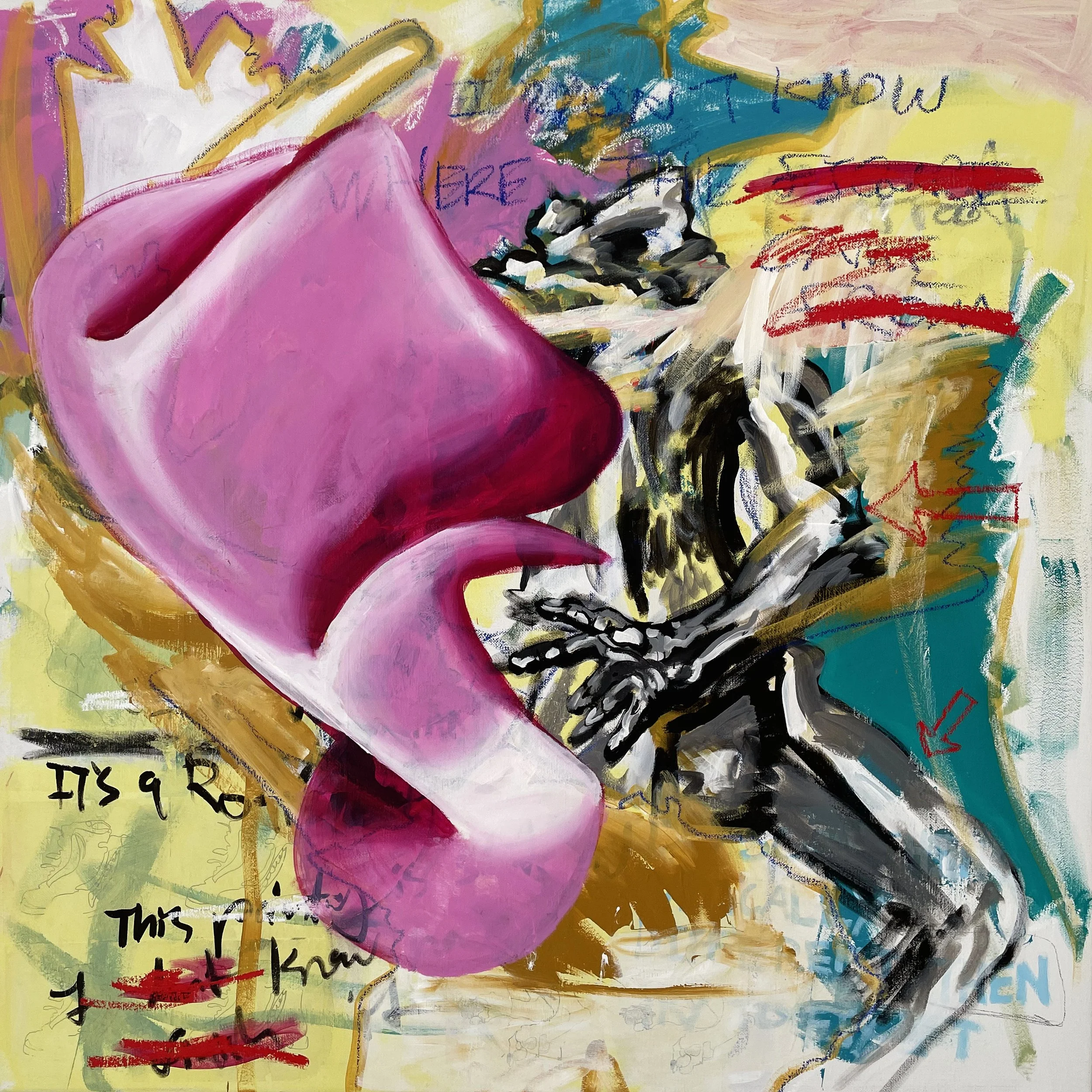 Fear The Blob
2025
Acrylic, oilstick and photocopy transfer on hessian, 140 x 140 cm