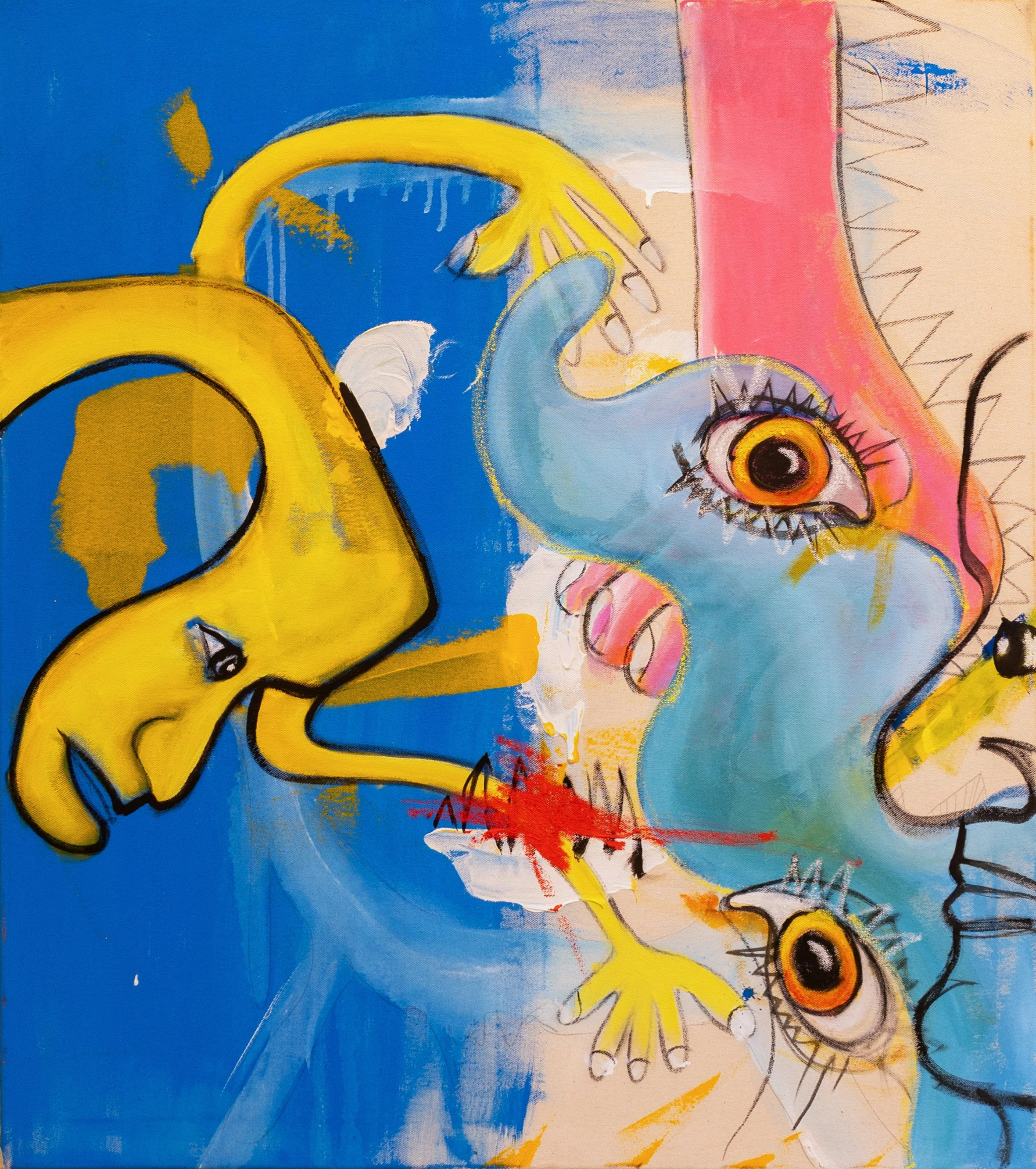 Look Who Is Looking
2025
Acrylic, pencil, charcoal and oilstick on canvas, 100 x 90 cm (collaborative painting with Benro Adegbenro)