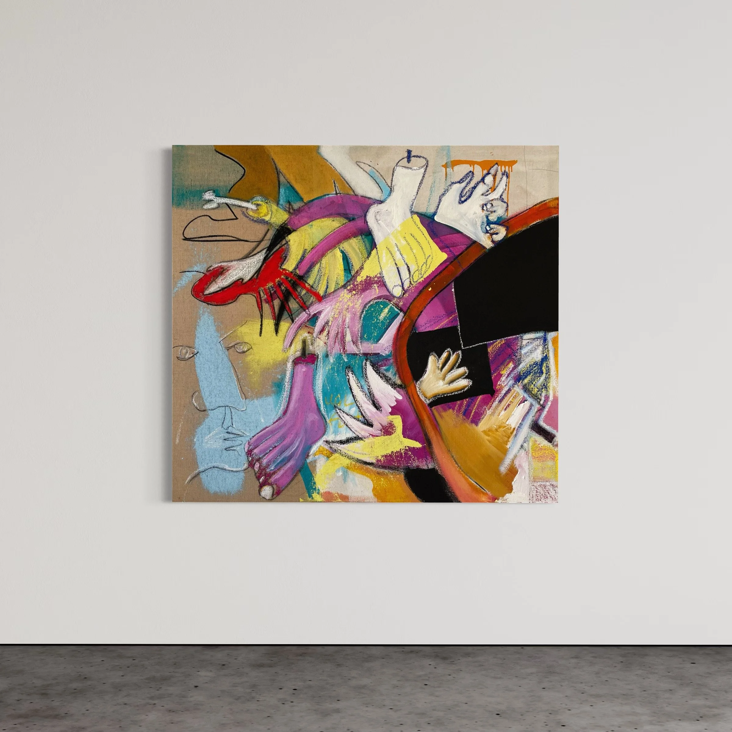 Perfectly Organised, 2025, Acrylic, charcoal, pencil and oilstick on hessian, 120 x 130 cm