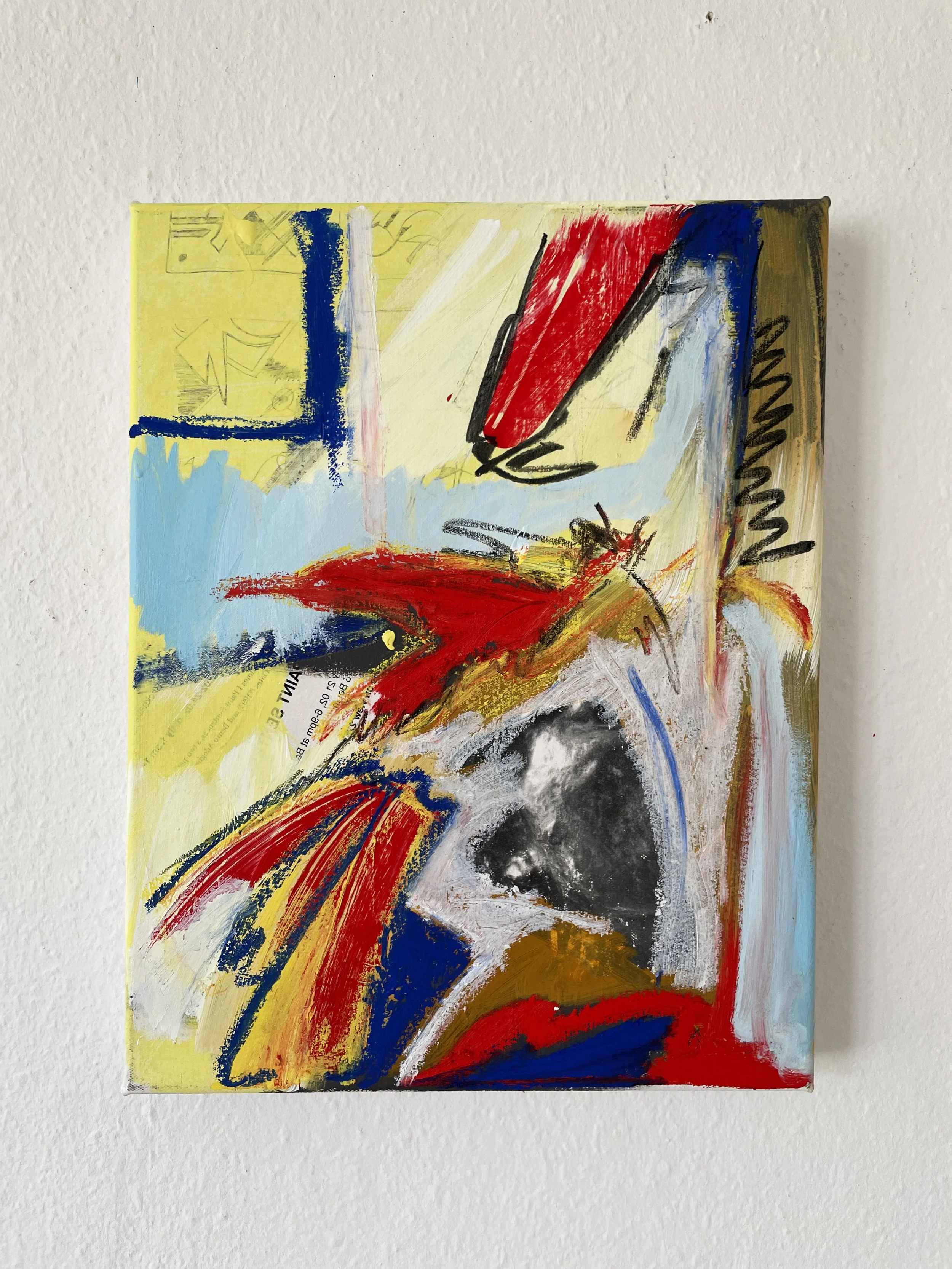Leftover Text, 2025, Acrylic, charcoal, oilstick and photocopy transfer on canvas, 45 x 35 cm
