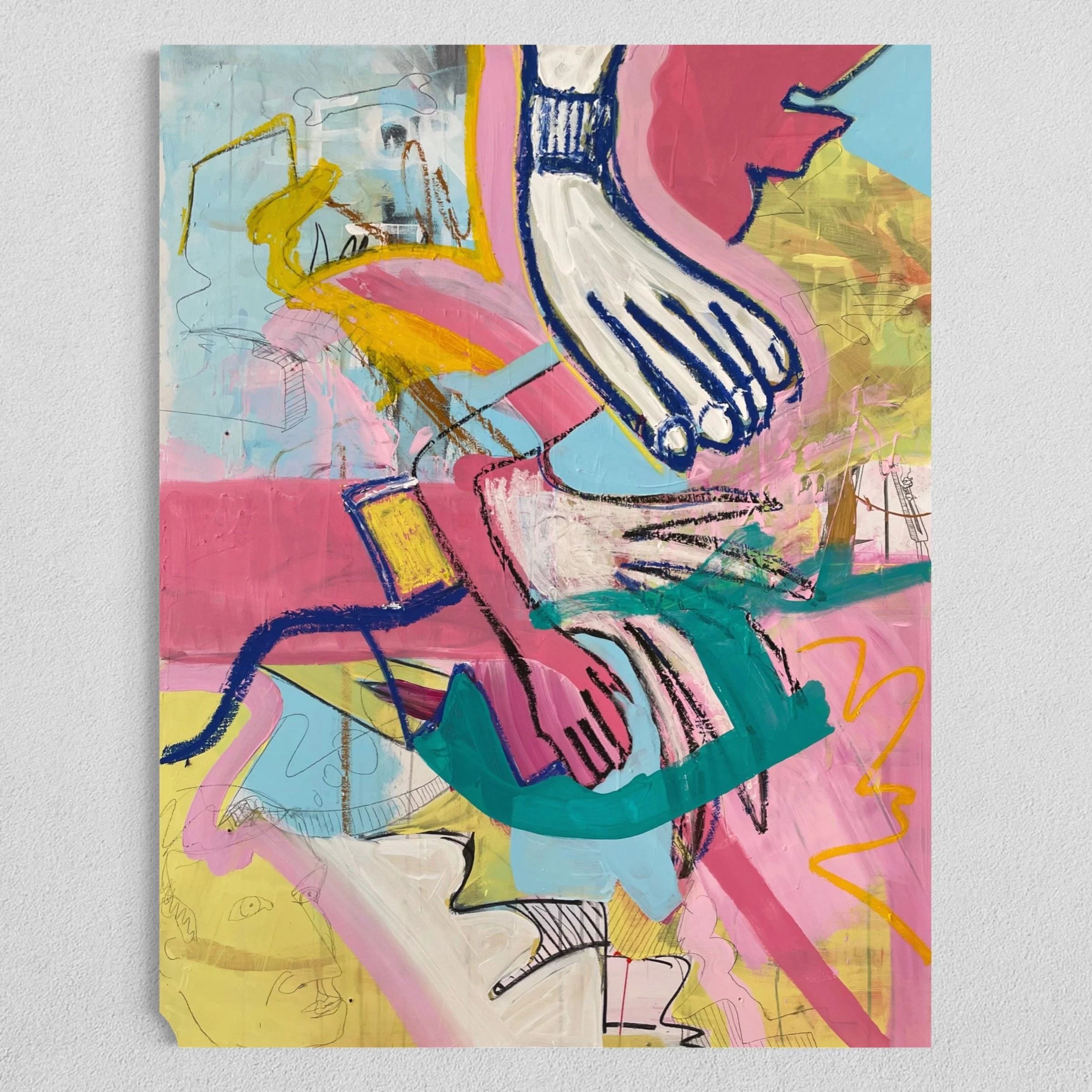 Best Foot Forward, 2025, Acrylic, pencil, charcoal, oilstick and photocopy collage on board, 102 x 80 cm