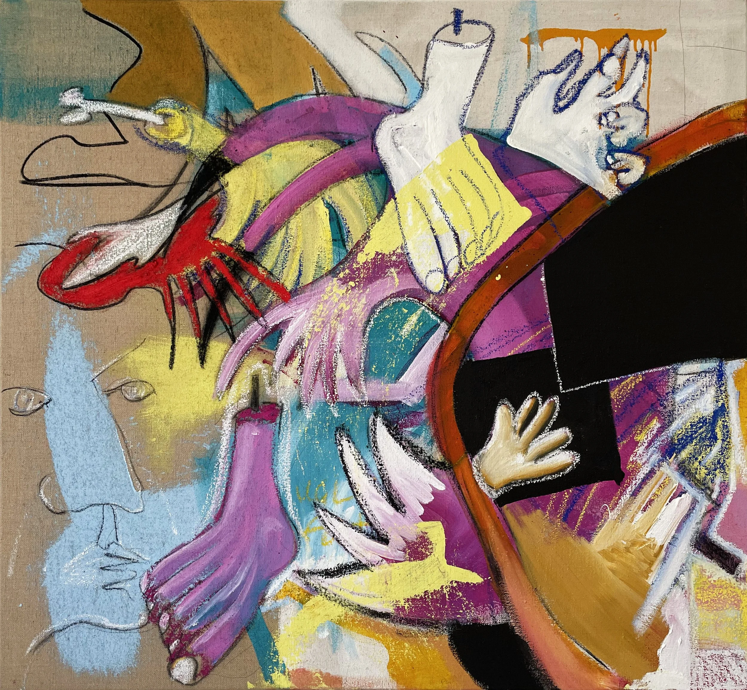 Perfectly Organised
2025
Acrylic, charcoal, pencil and oilstick on hessian, 120 x 130 cm