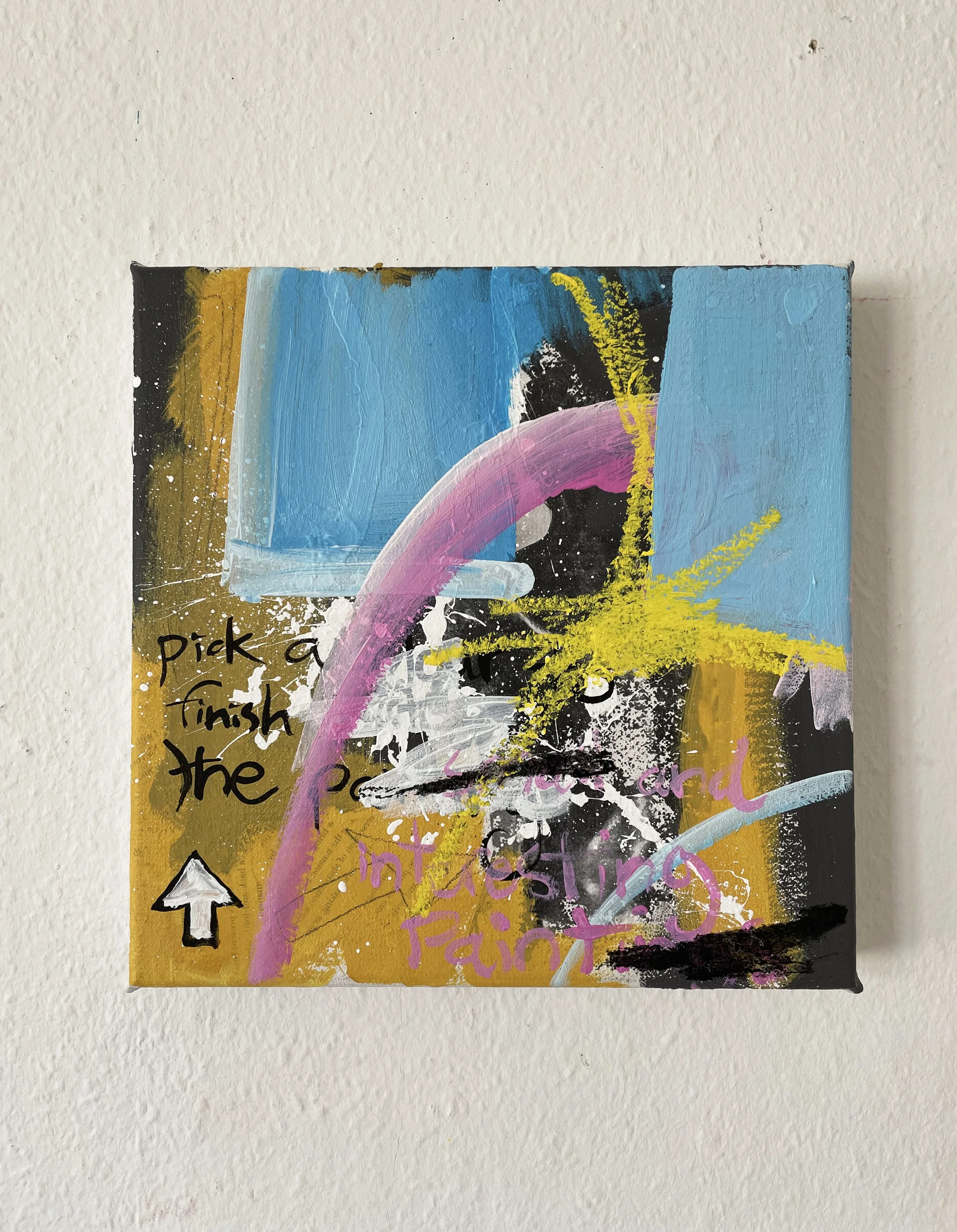 Pick A Colour, 2025, Acrylic, pencil, charcoal, oilstick and photocopy transfer on hessian, 30 x 30 cm