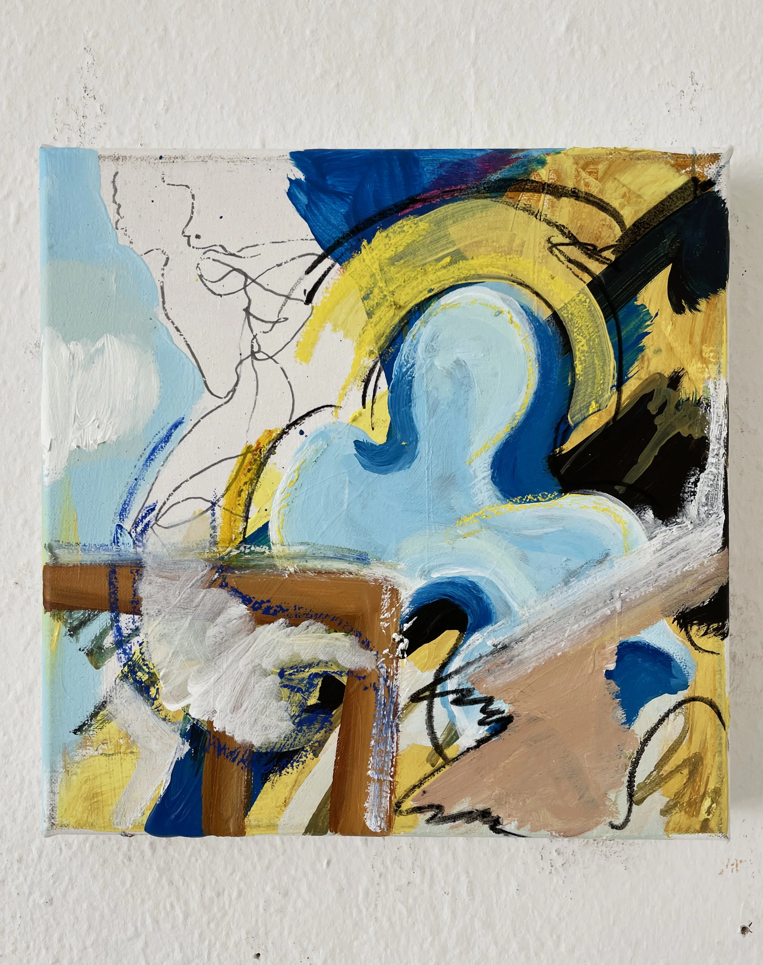 Running Man, 2025, Acrylic, pencil, charcoal, oilstick and photocopy transfer on canvas, 30 x 30 cm