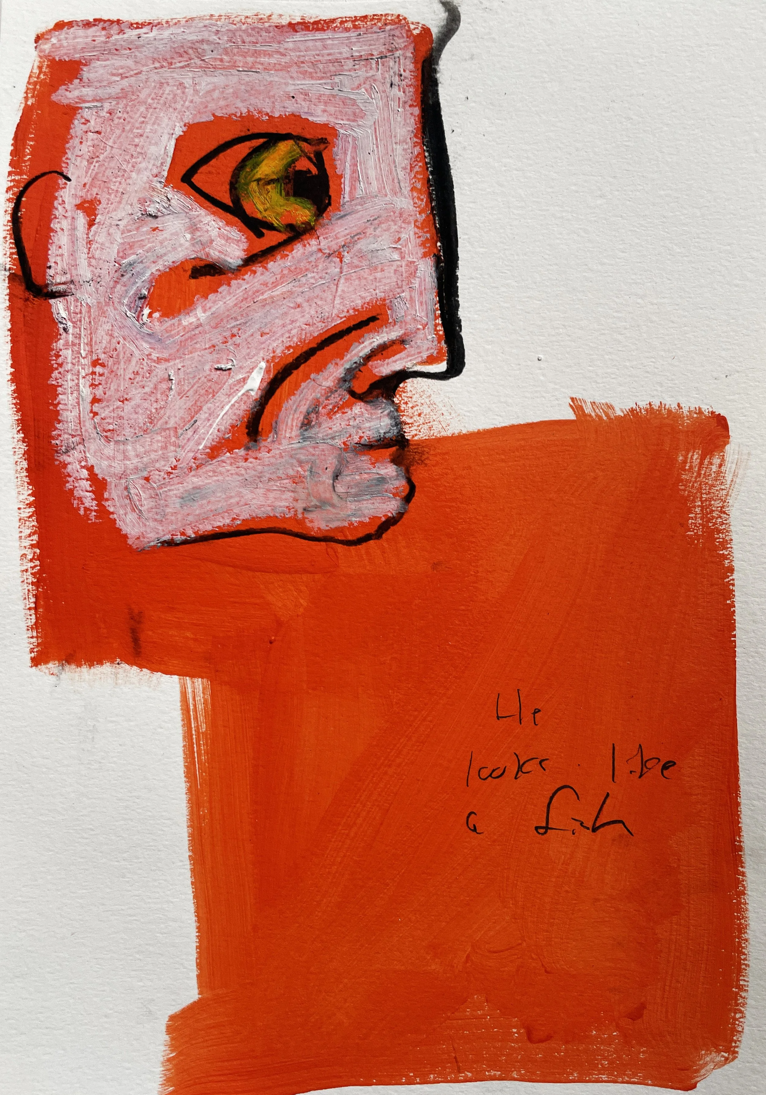 He Looks Like A Fish
2025
Acrylic, charcoal, pencil and oilstick on paper, 29.7 x 21 cm