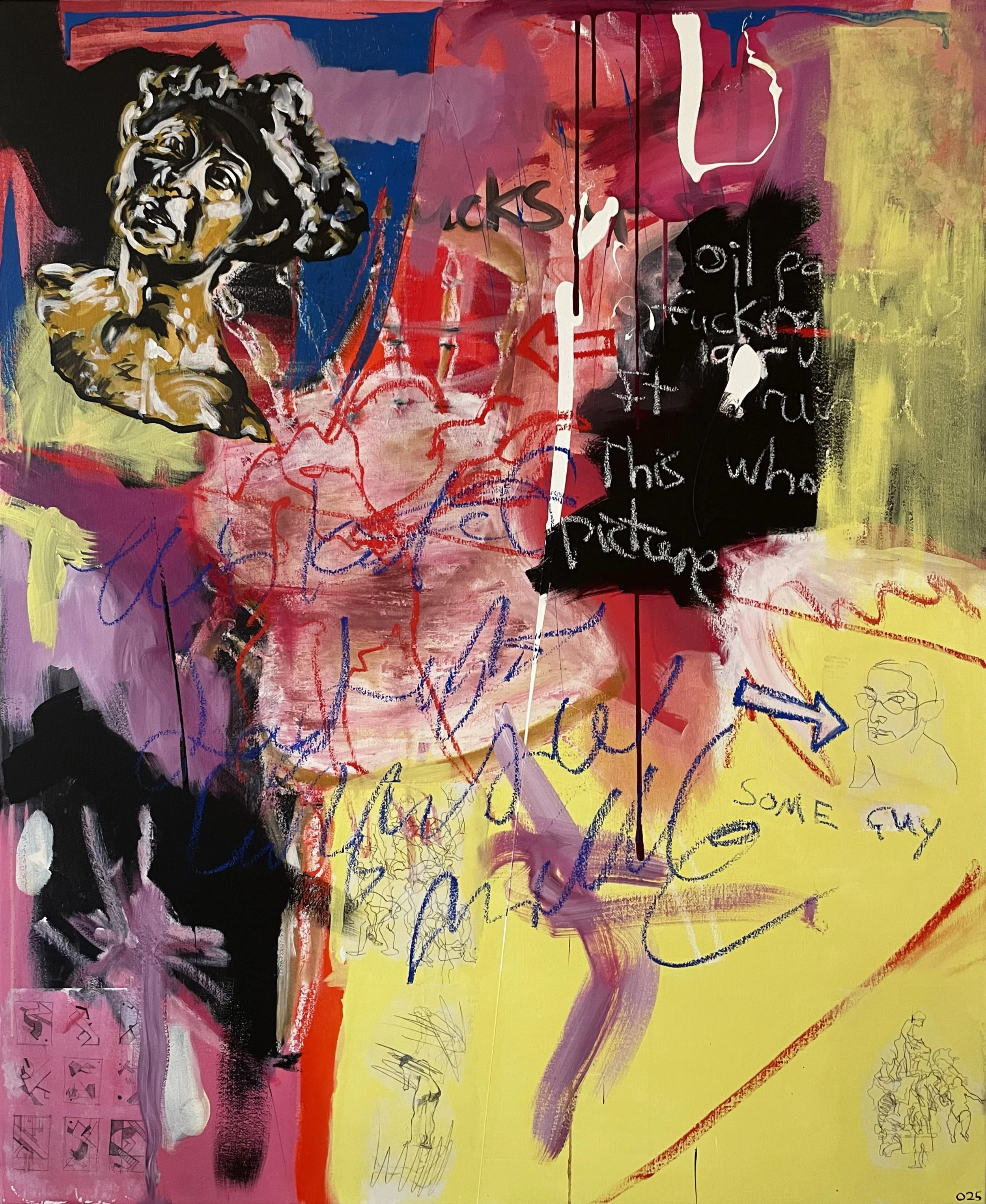 Hate Oil Sometimes
2025
Acrylic, oil, oilstick and photocopy transfer on hessian, 160 x 130 cm