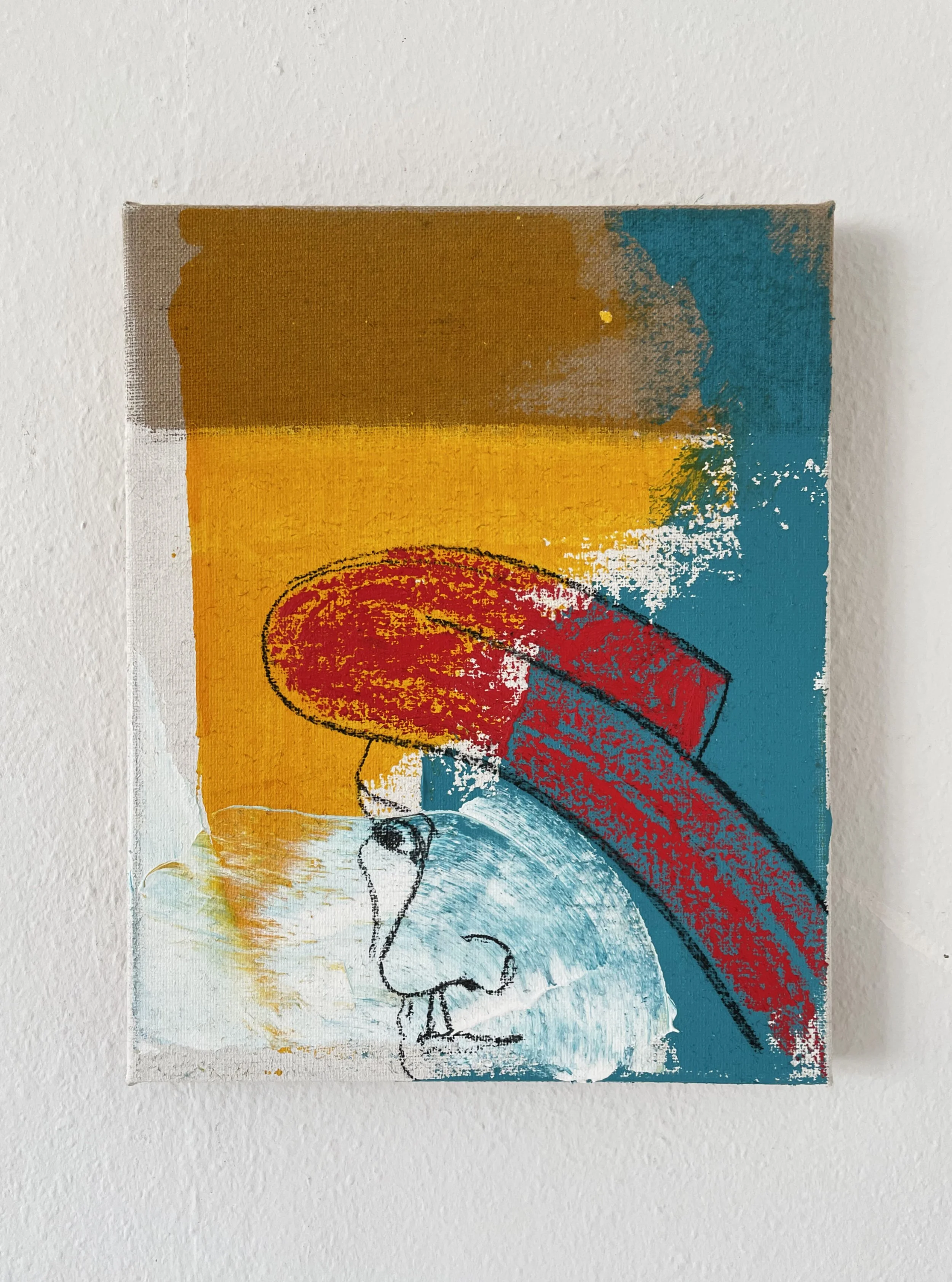 Half Confused, 2025, Acrylic, charcoal and oilstick on hessian, 50 x 40 cm