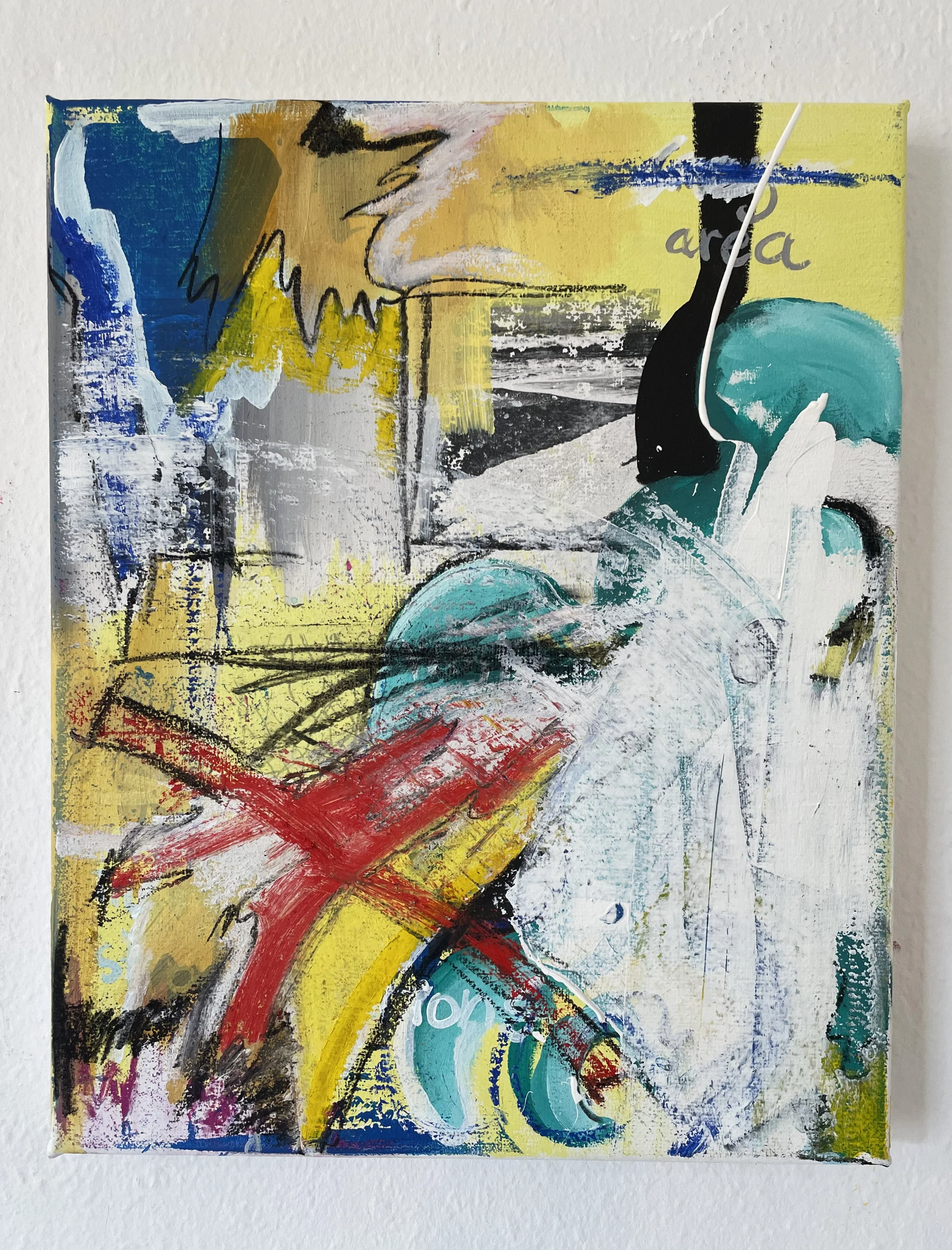 Something Something De Kooning, 2025, Acrylic, charcoal, oilstick and photocopy transfer on hessian, 50 x 40 cm