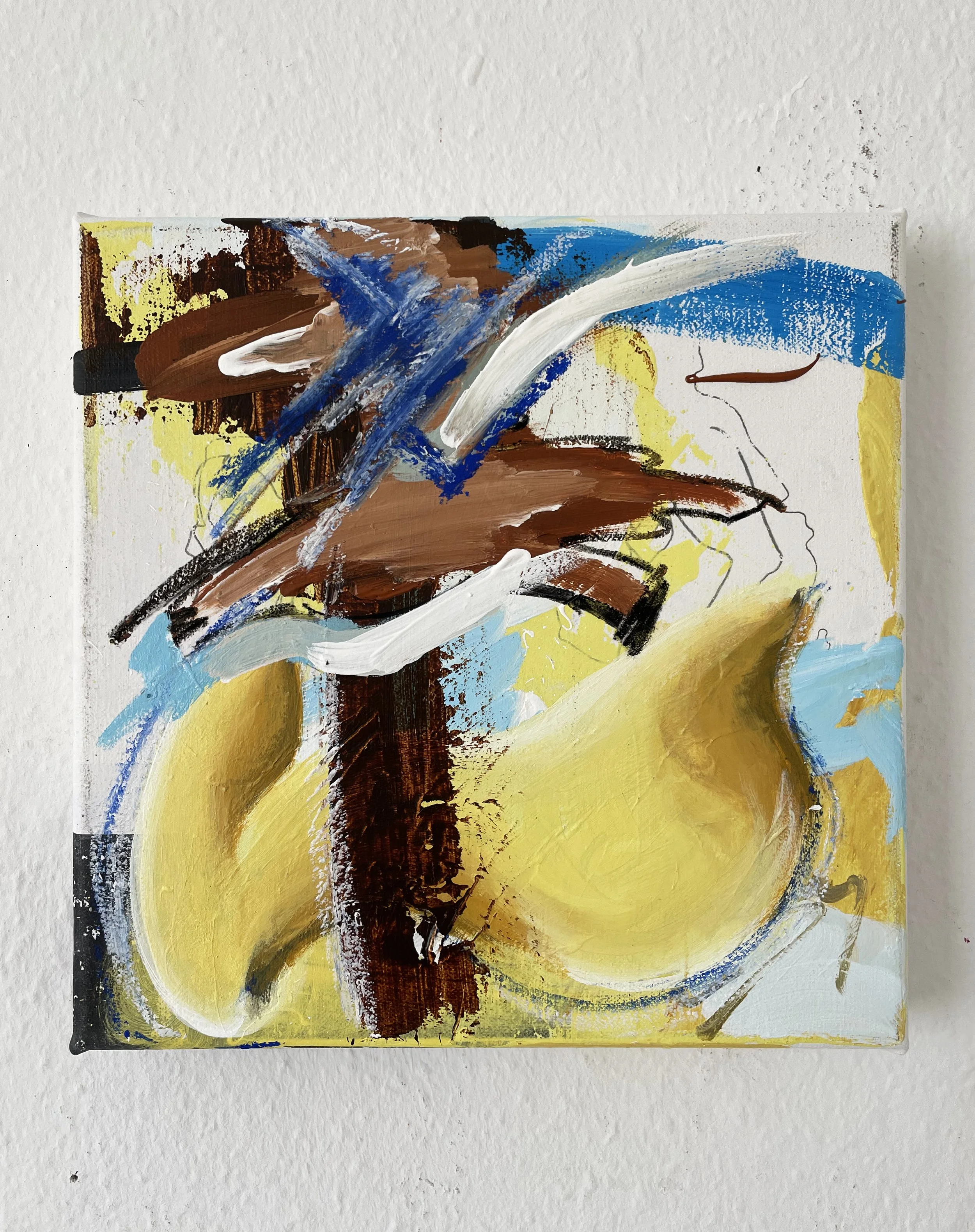 Two Hidden Figures, 2025, Acrylic, charcoal, oilstick and photocopy transfer on canvas, 30 x 30 cm