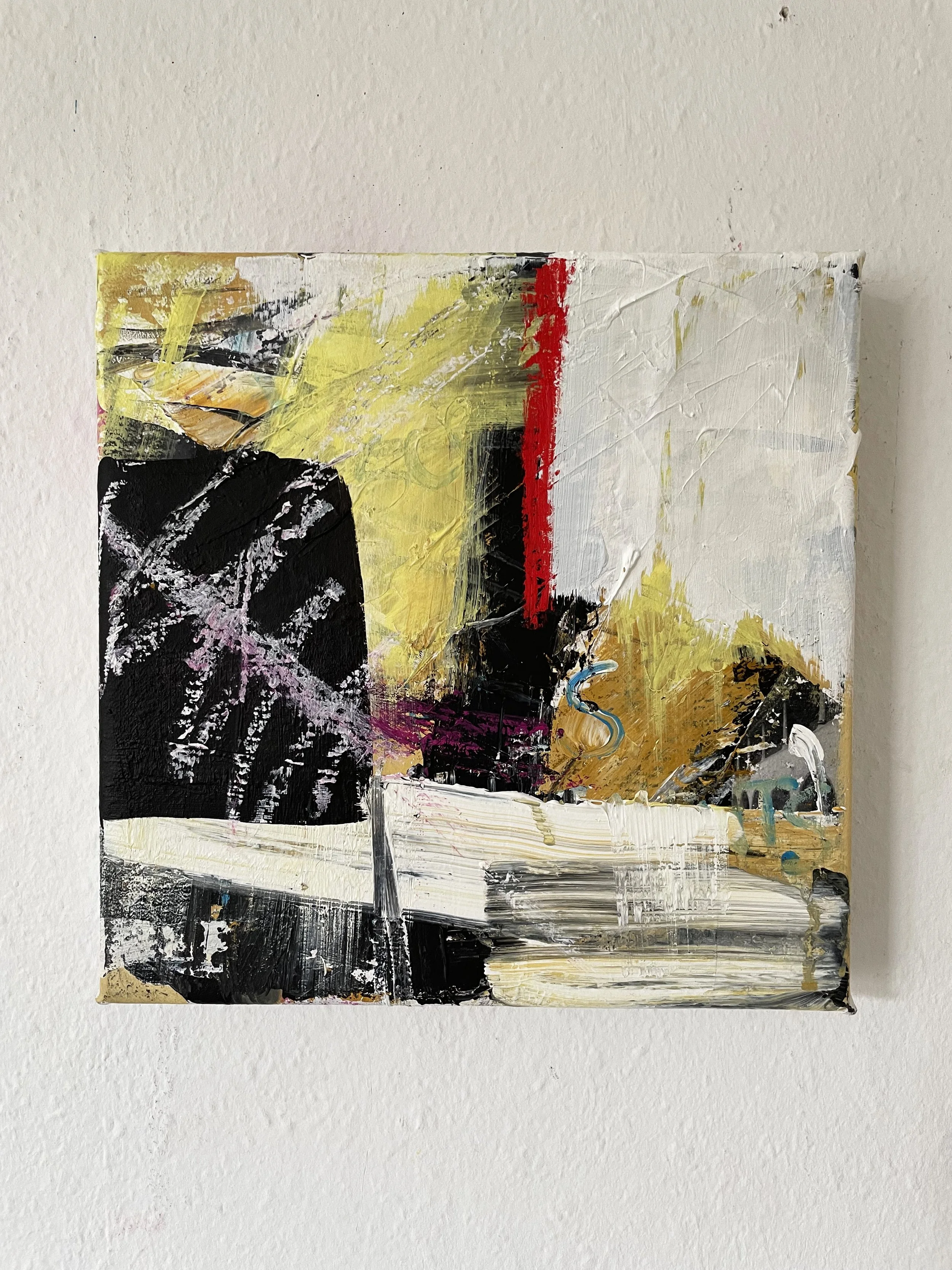 S, 2025, Acrylic, oilstick and photocopy transfer on hessian, 30 x 30 cm