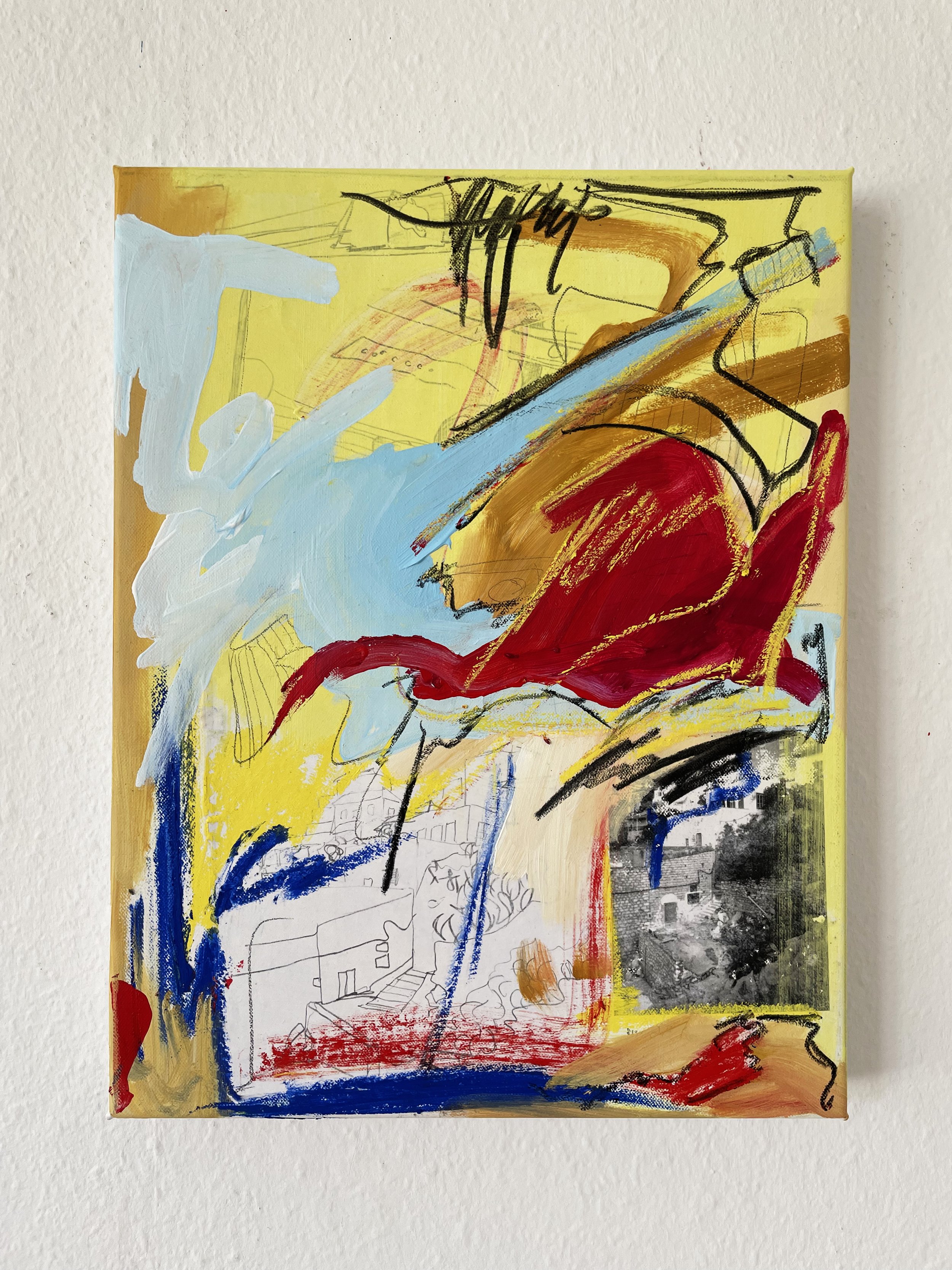 Greek Holiday, 2025, Acrylic, pencil, charcoal, oilstick and photocopy transfer on canvas, 45 x 35 cm
