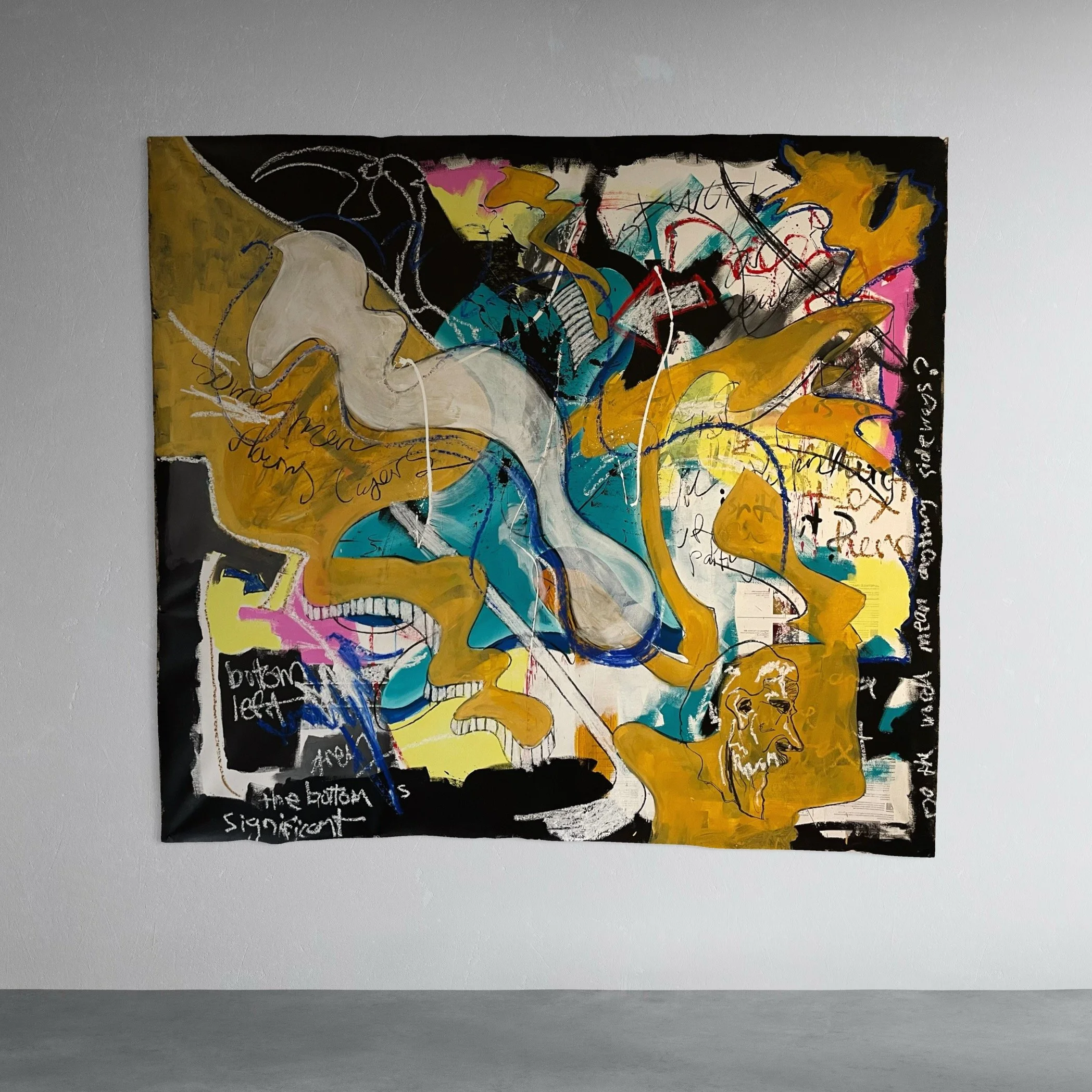 Sideways, 2025, Acrylic, charcoal, oilstick and photocopy transfer on unstretched hessian, 200 x 210 cm