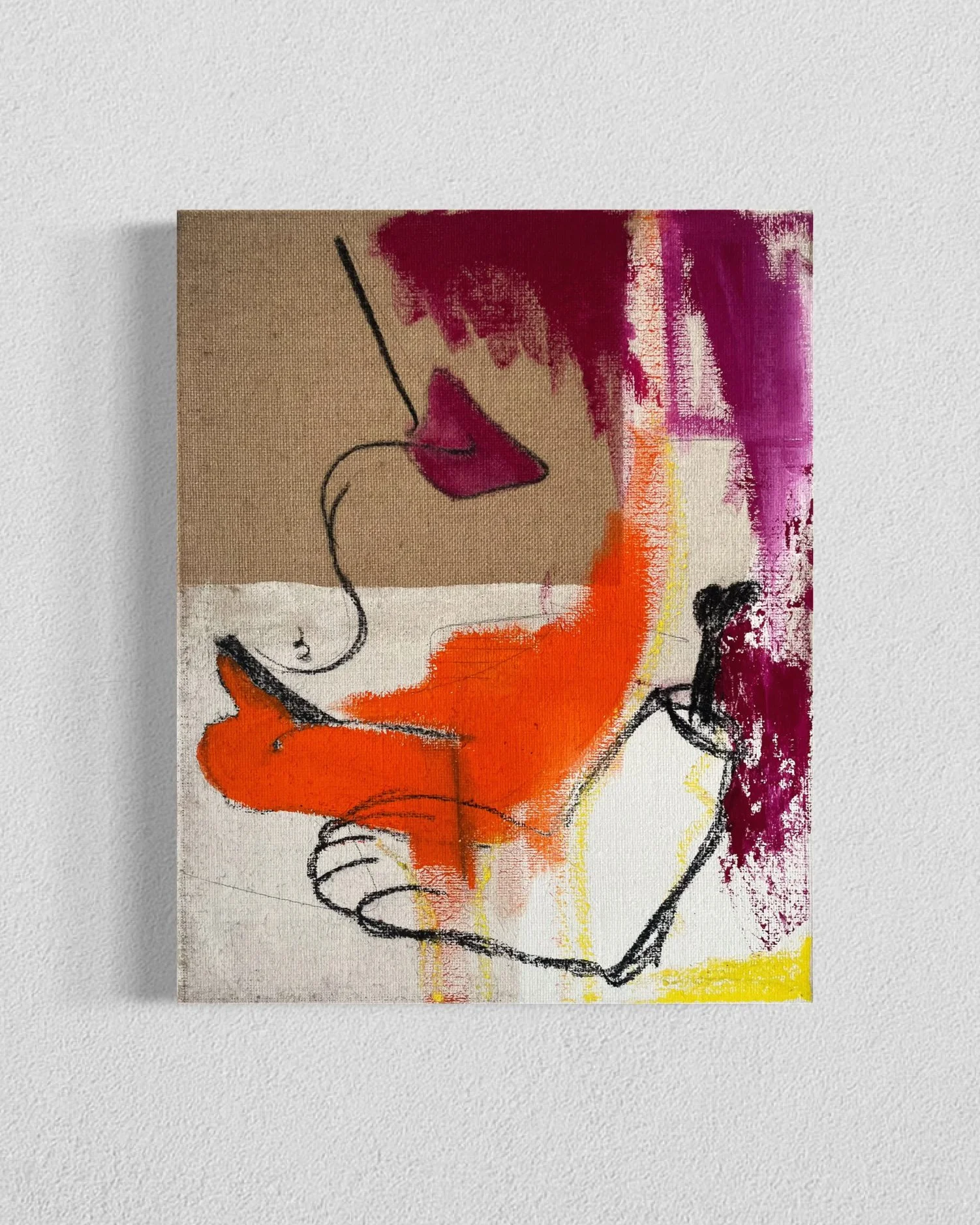 Even Footing, 2025, Acrylic, pencil, charcoal and oilstick on hessian, 50 x 40 cm