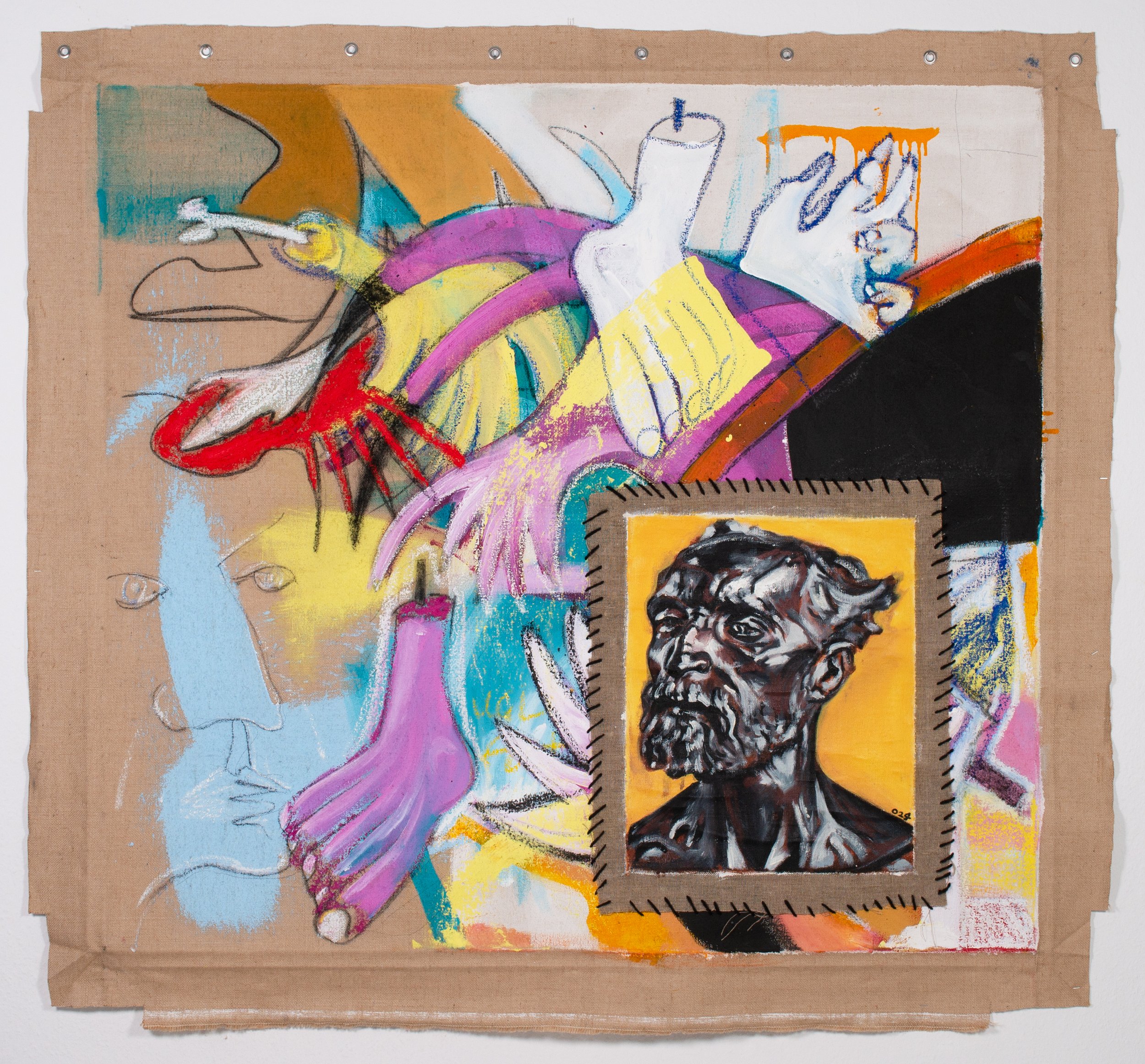 Perfectly Organised
2024-26
Oil, acrylic, pencil, charcoal and oilstick on stitched unstretched hessian, 139 x 150 cm