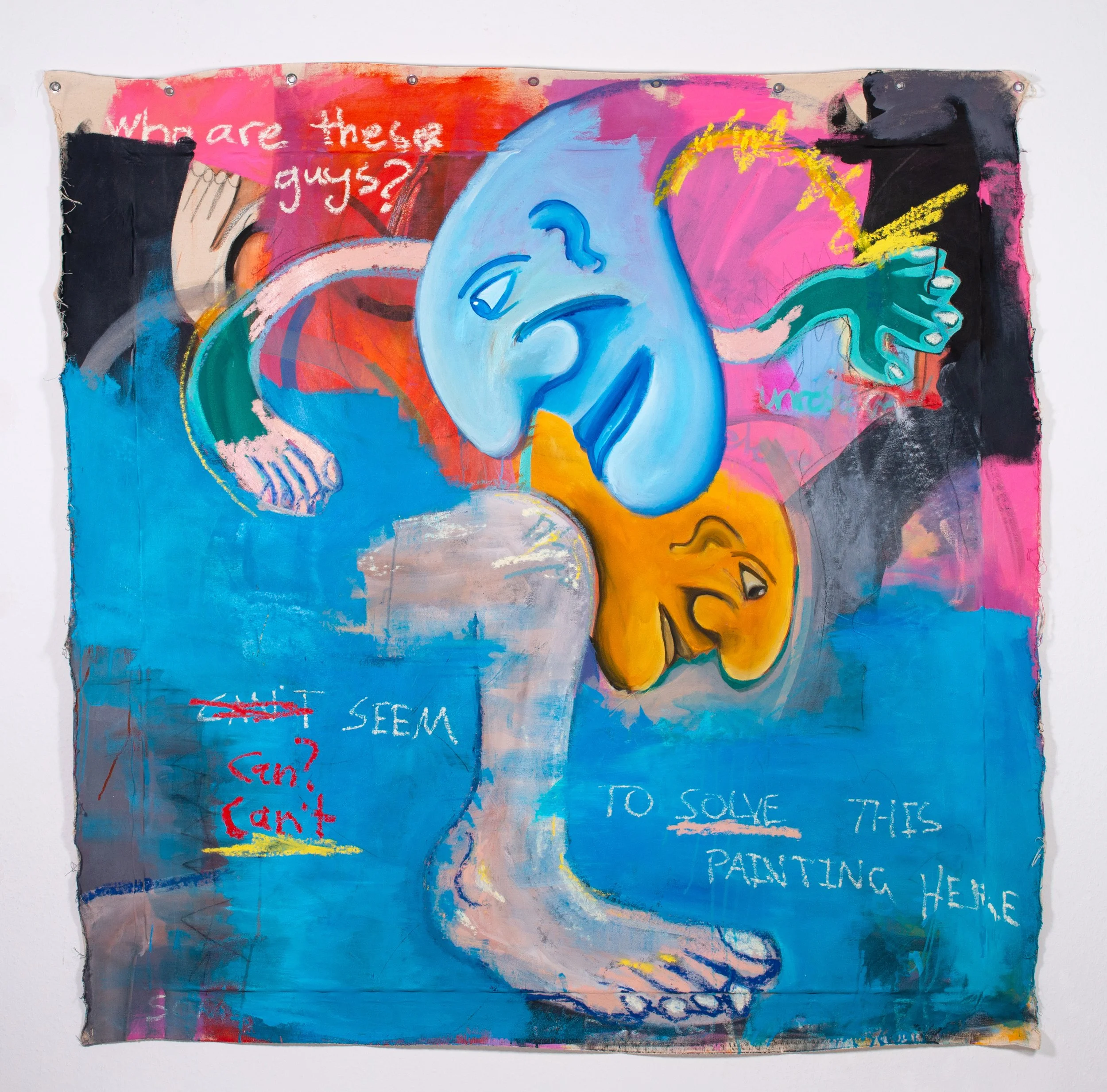 Who Are These Guys
2026
Acrylic, pencil, charcoal and oilstick on unstretched canvas, 160 x 163 cm