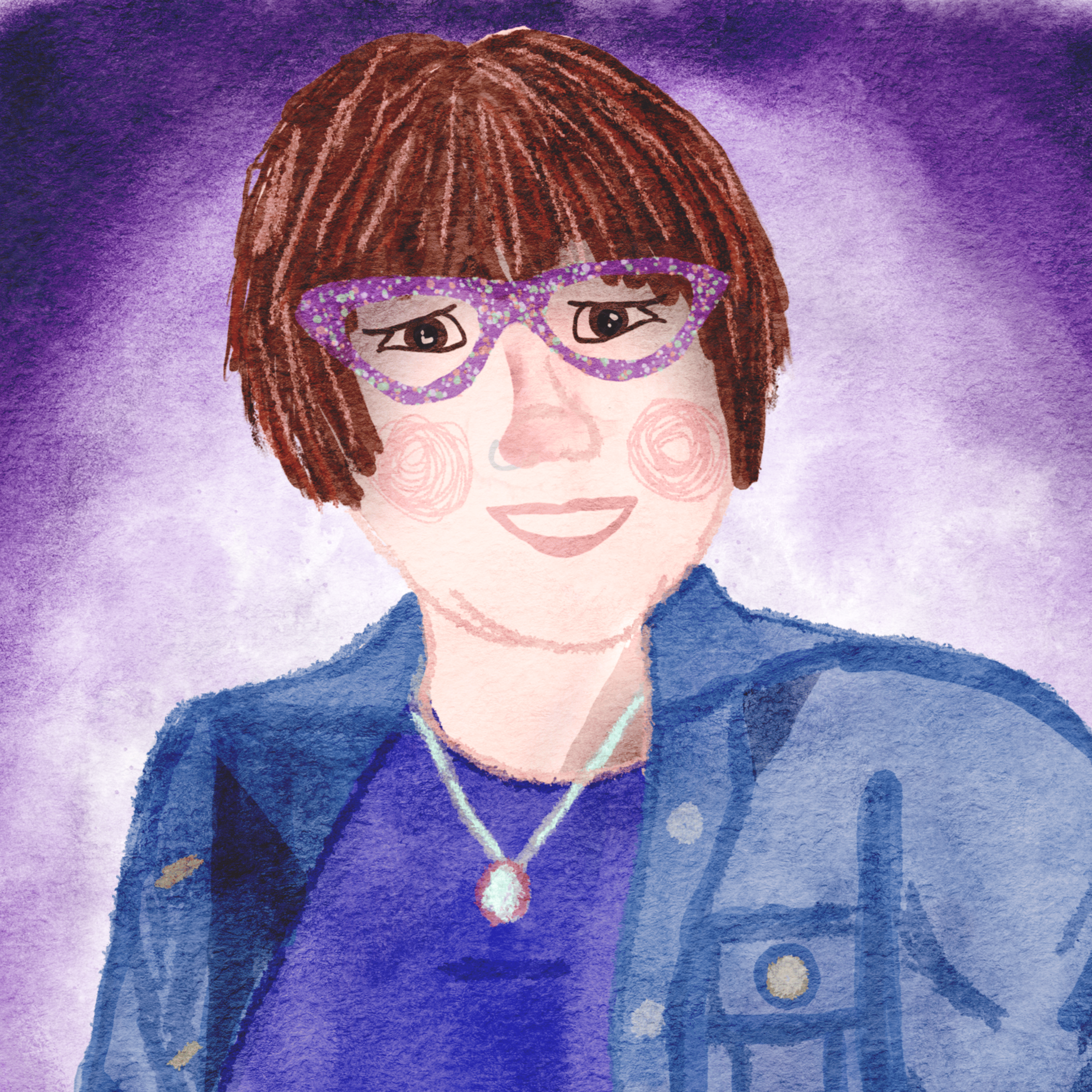 A watercolor portrait of a woman with short brown hair, wearing purple glasses, a blue jacket, a purple shirt, and a necklace with a pendant, against a purple background.