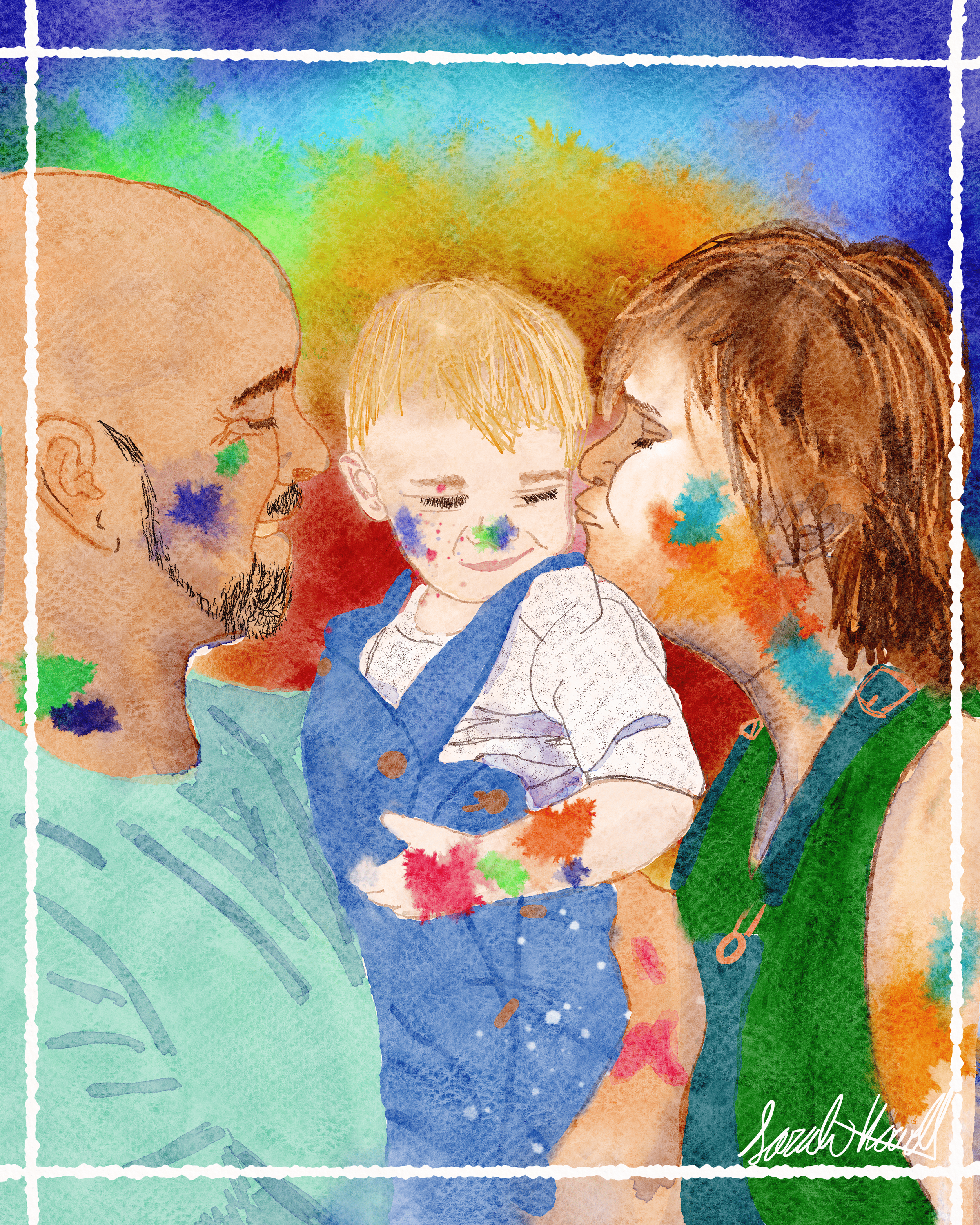 A watercolor illustration of a family of three hugging each other, with colorful abstract splashes in the background.