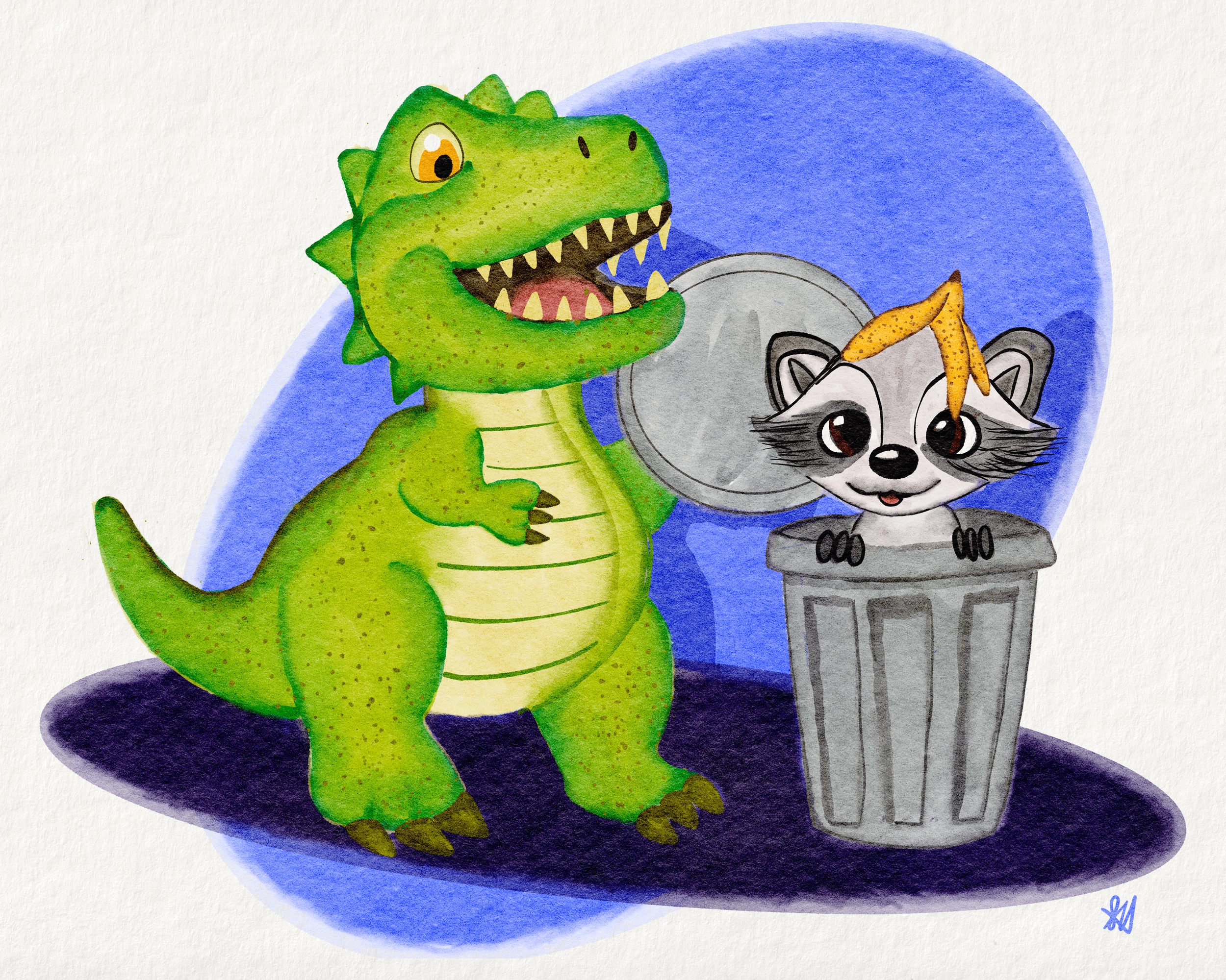 A cute cartoon TRex holding a trash can lid with a raccoon inside, with a banana peel on its head, against a textured background with a blue oval and shadow.