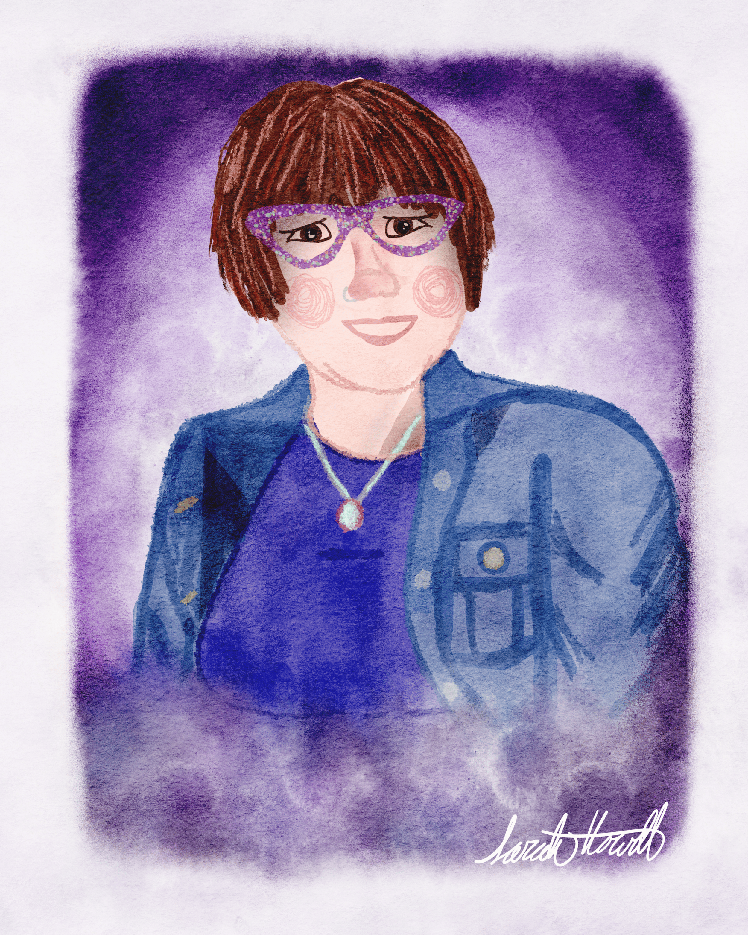 A digital watercolor portrait of a smiling woman with short auburn hair, wearing purple glasses, a blue jacket, and a purple shirt, set against a purple background.