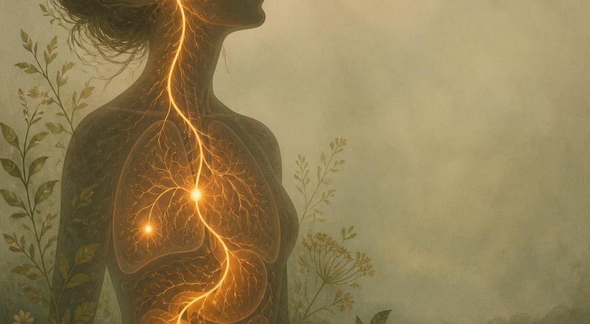 Illustration of glowing golden nerve pathways branching through the chest and neck, representing the vagus nerve's rest-and-digest signal