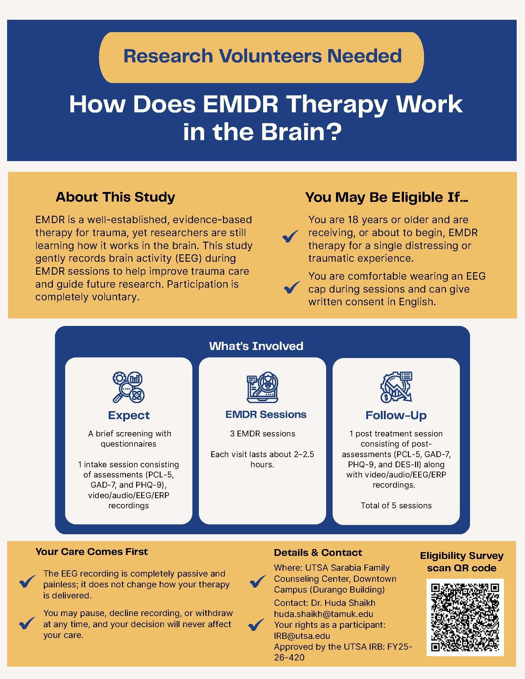 Research volunteers needed: How does EMDR therapy work in the brain? UTSA EMDR and EEG study flyer.
