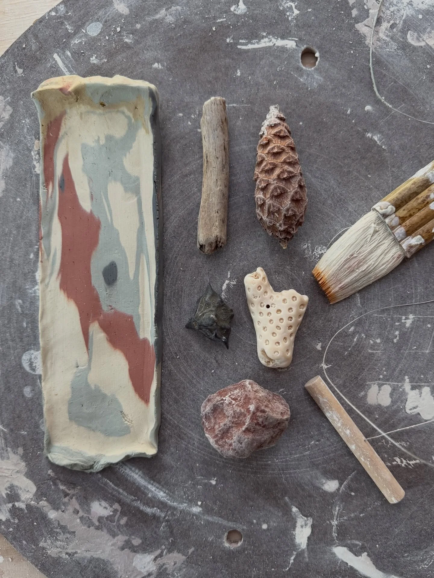 Nerikomi porcelain has my heart - this is the post wedging, pre firing look at these new nerikomi works I'm making. 

This comes after hours of mixing colors &amp; processing clay to get the colors I think I want, now to fire &amp; see how it comes o