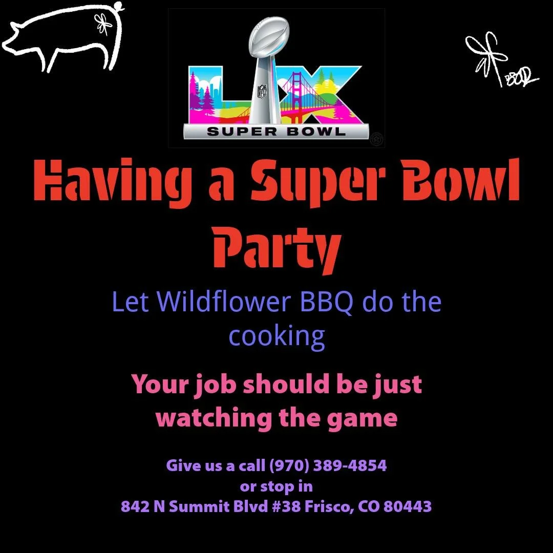 We would love to cater your Super Bowl party (pick up only). Give us a call or check out our www.wildflowerbbq.com for options

 #superbowl #Superbowl #cateringservice
