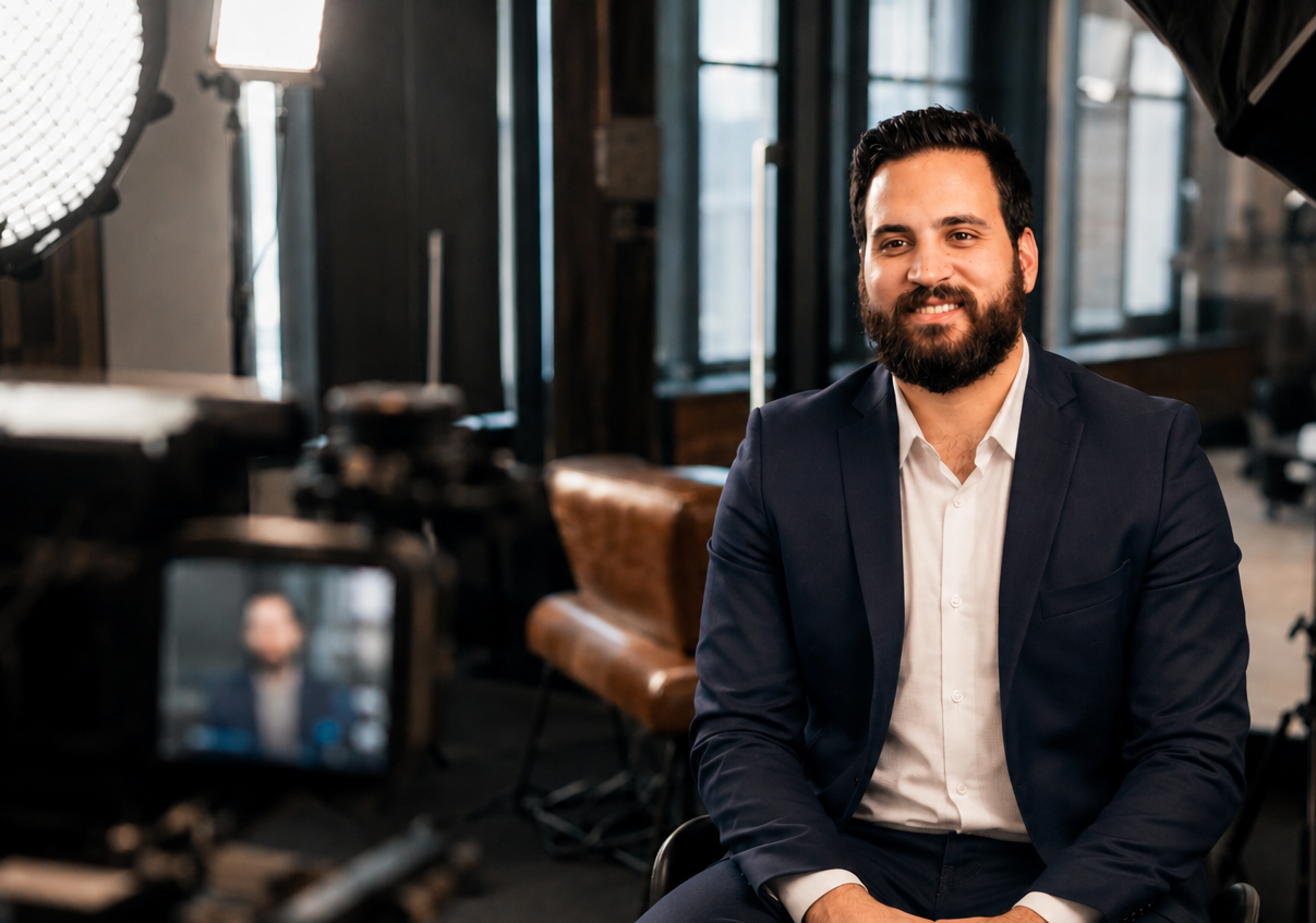 A man in a suit being filmed or photographed in a studio or office setting with lighting equipment and windows in the background.