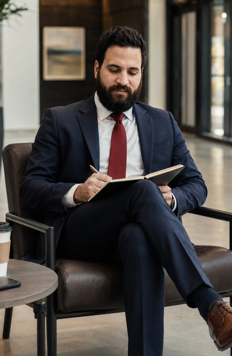 Businessman in a navy suit with a red tie sitting in a modern office or lobby, writing in a notebook.