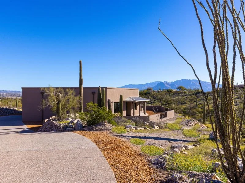 Desert landscape featuring a modern house with cacti, rocks, and sparse vegetation, with mountains in the background under a clear blue sky.