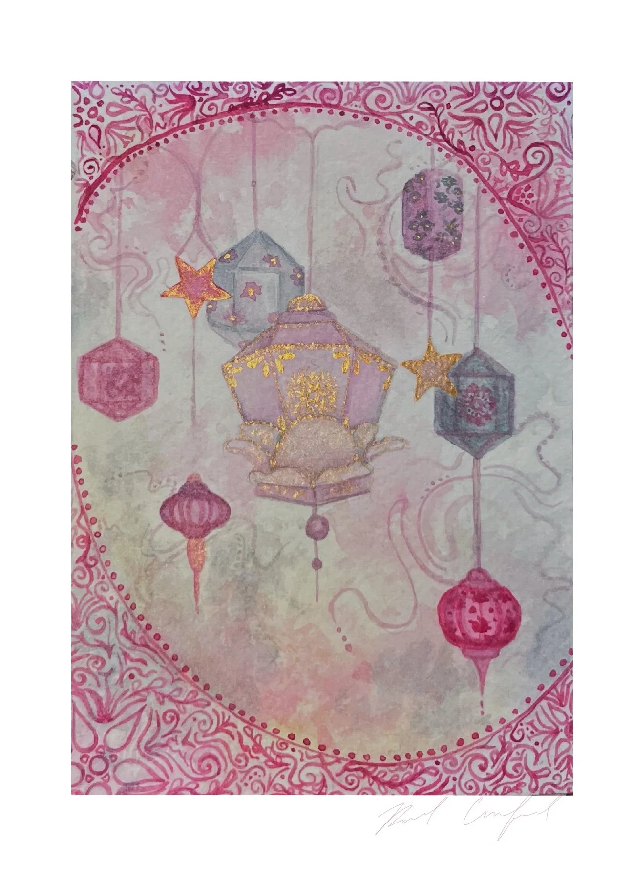 Watercolor illustration of hanging lanterns and stars with pink and purple hues.